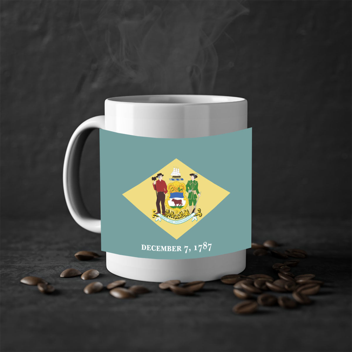 Delaware 44# Mug featuring a glossy finish with a colored handle and interior, available in multiple colors and sizes.