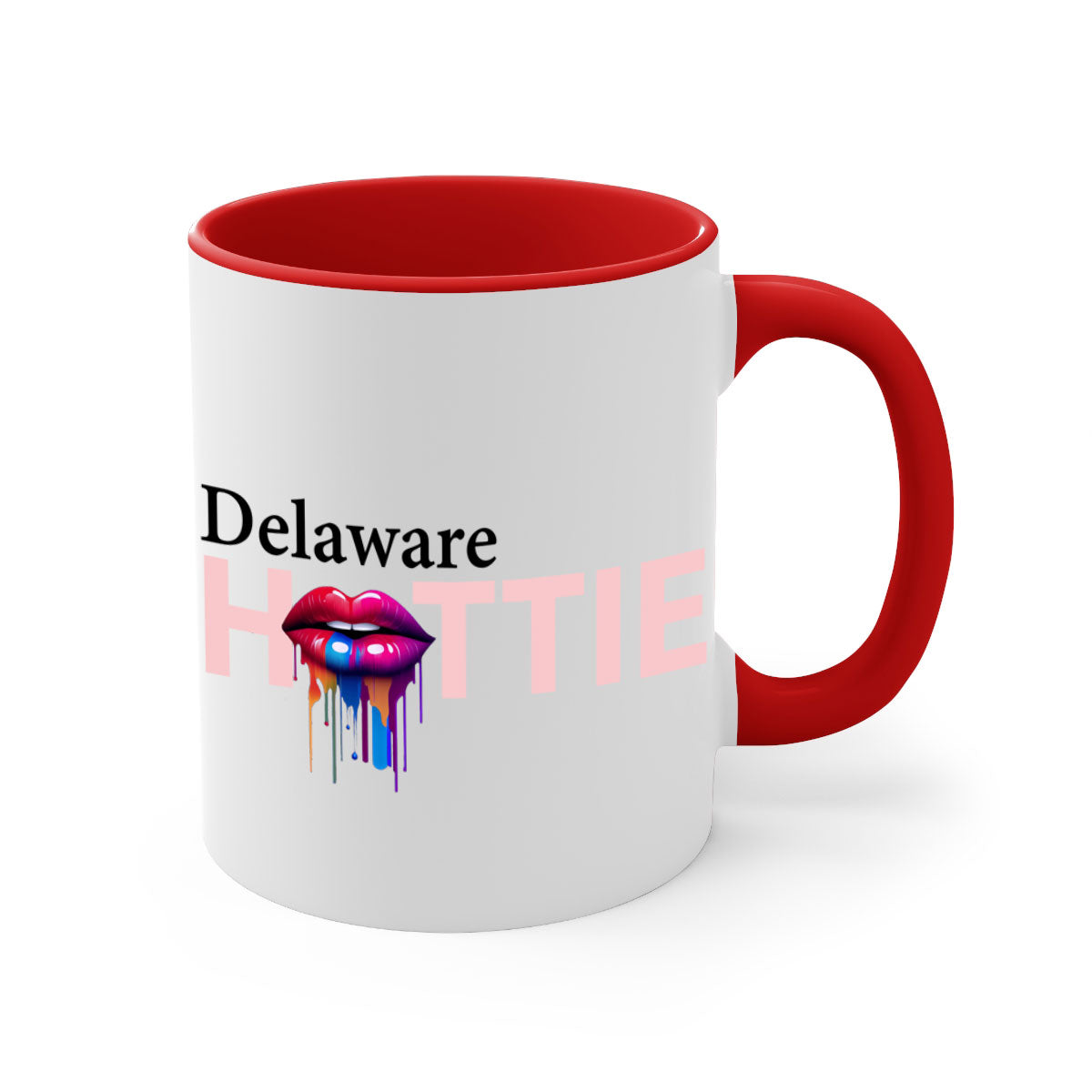 Delaware Hottie Mug with dripping lips design, featuring a glossy finish and colorful handle.