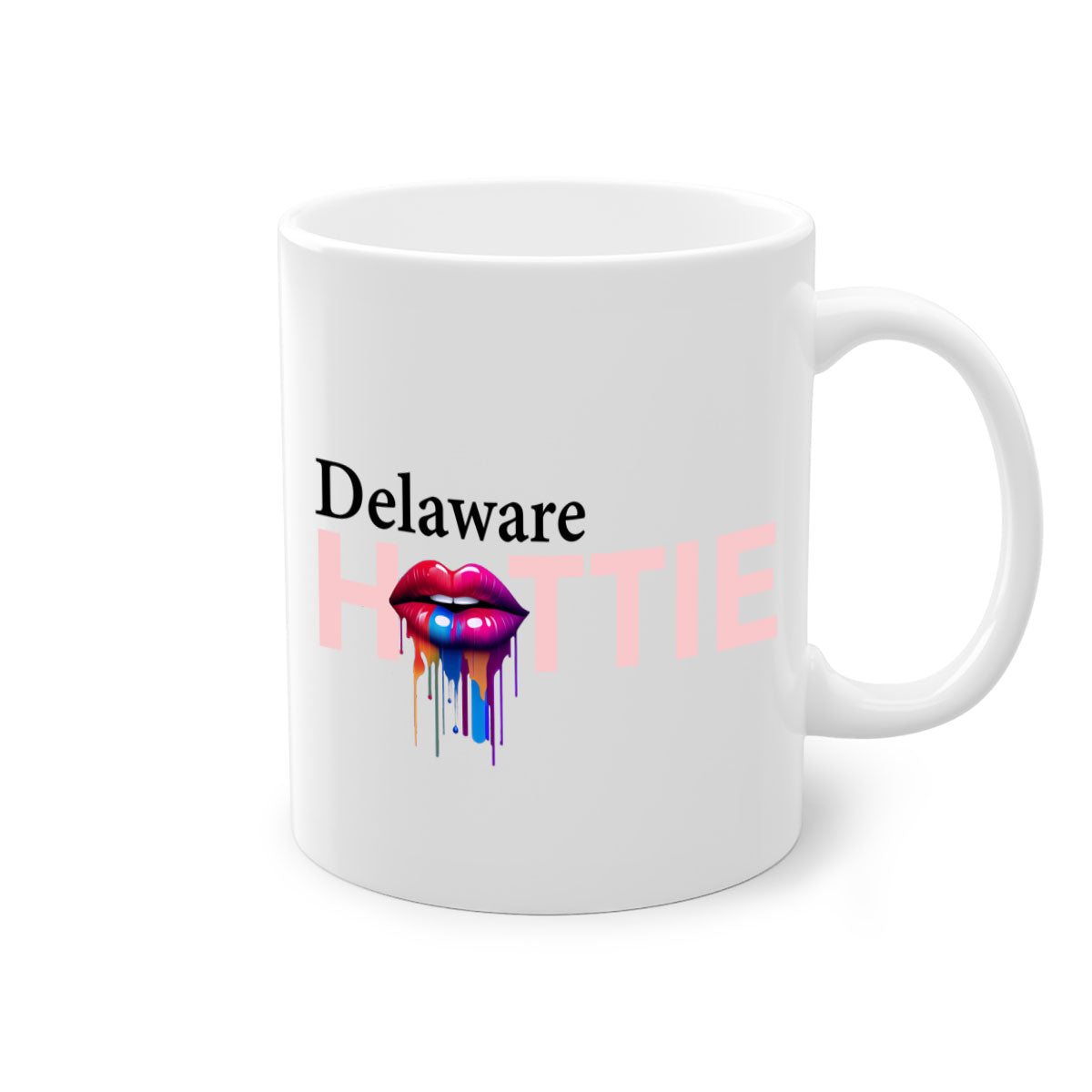 Delaware Hottie Mug with dripping lips design, featuring a glossy finish and colorful handle.