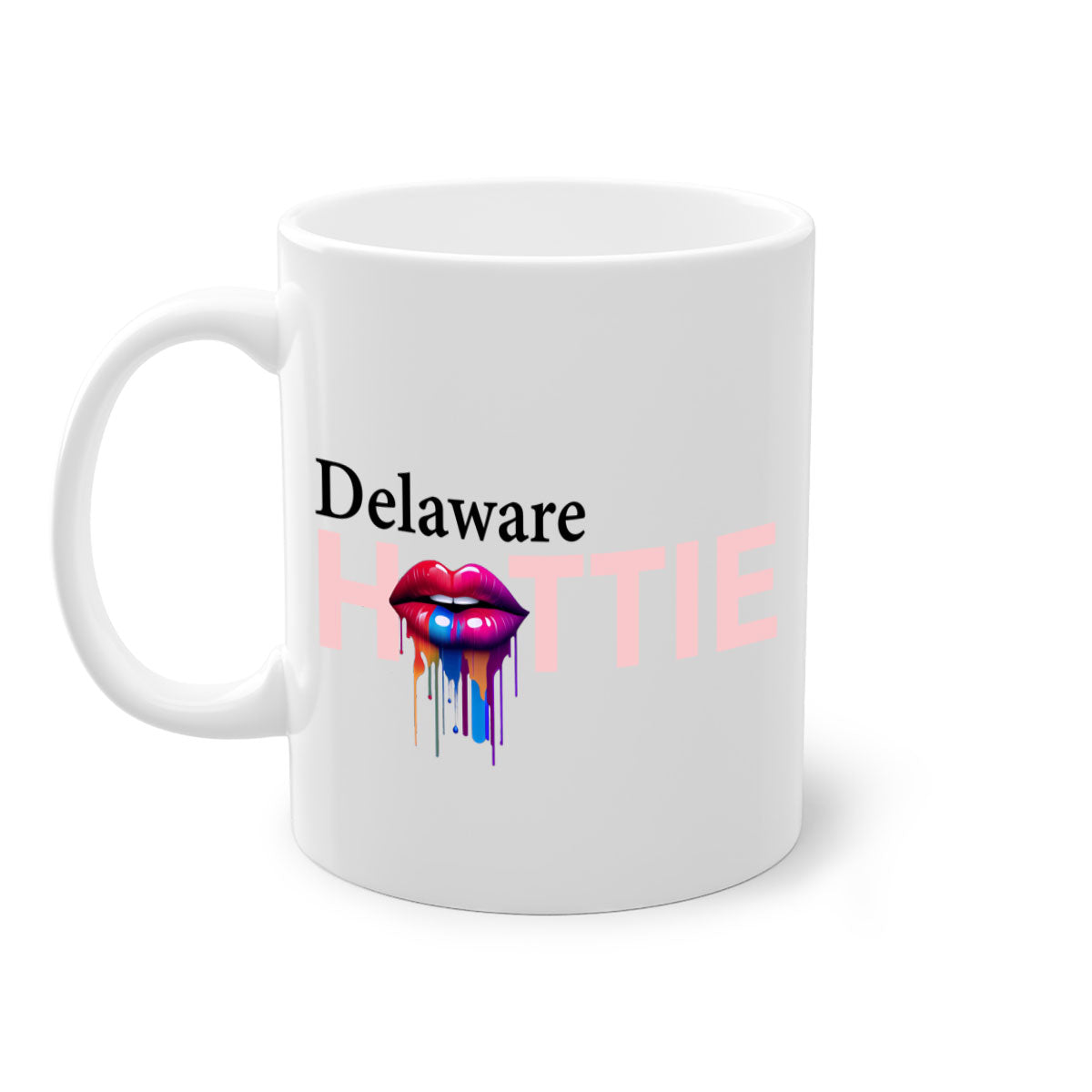Delaware Hottie Mug with dripping lips design, featuring a glossy finish and colorful handle.