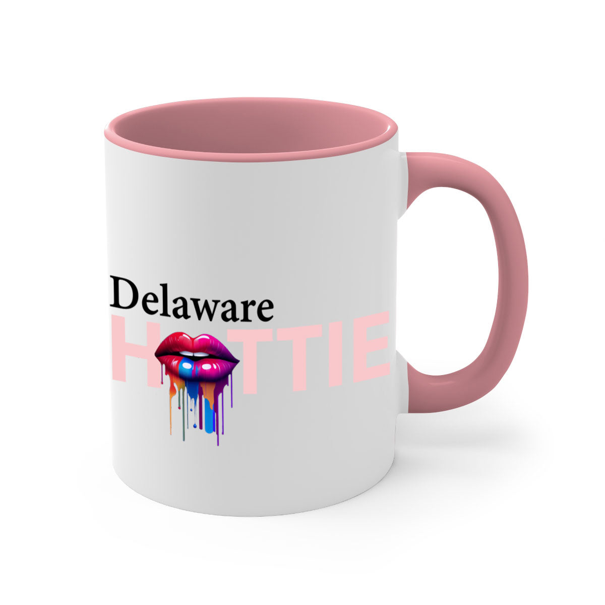 Delaware Hottie Mug with dripping lips design, featuring a glossy finish and colorful handle.