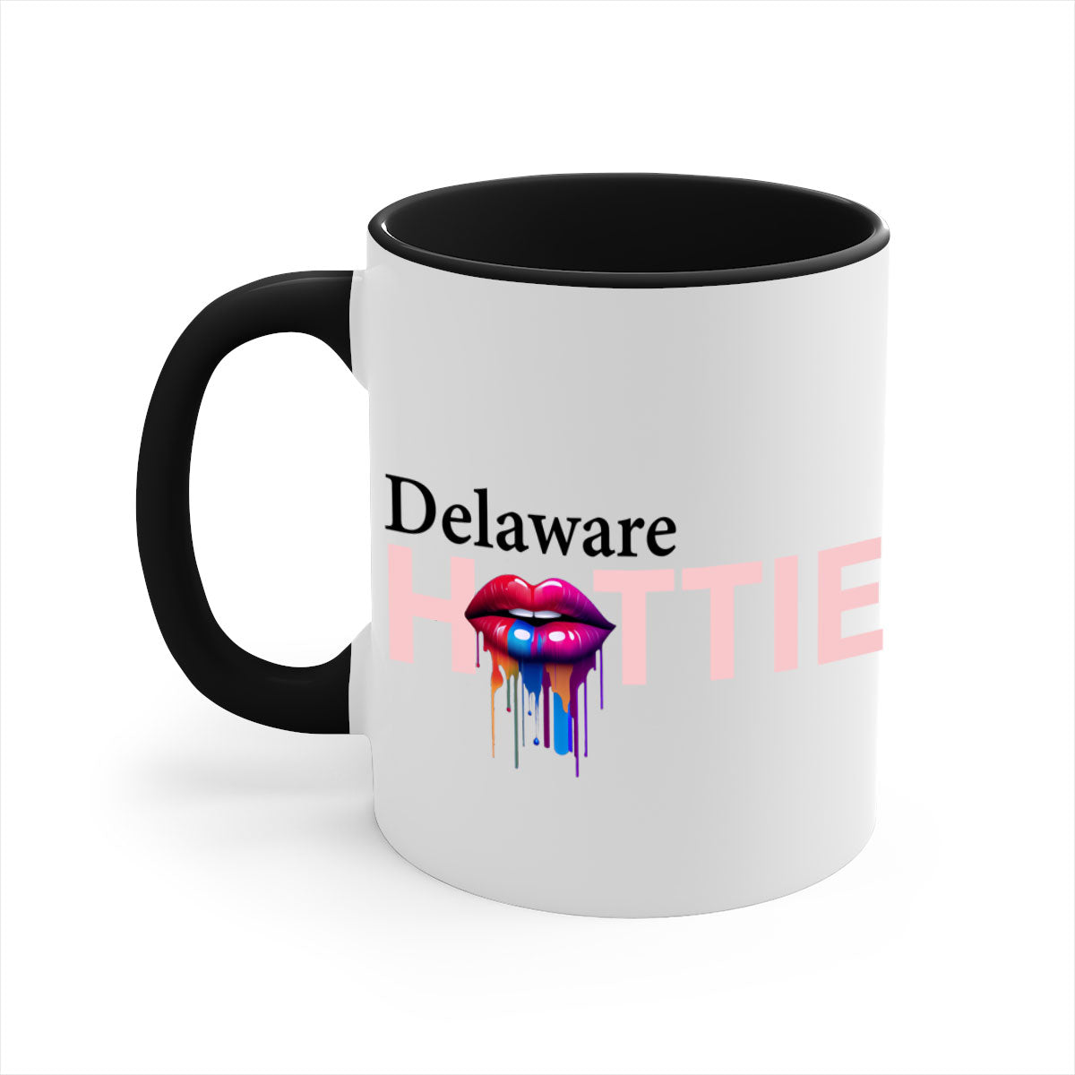 Delaware Hottie Mug with dripping lips design, featuring a glossy finish and colorful handle.