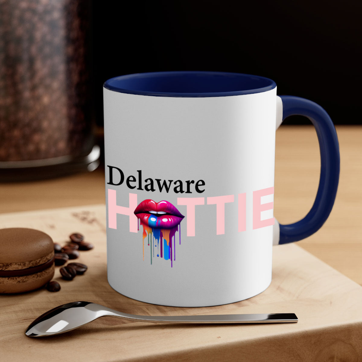Delaware Hottie Mug with dripping lips design, featuring a glossy finish and colorful handle.