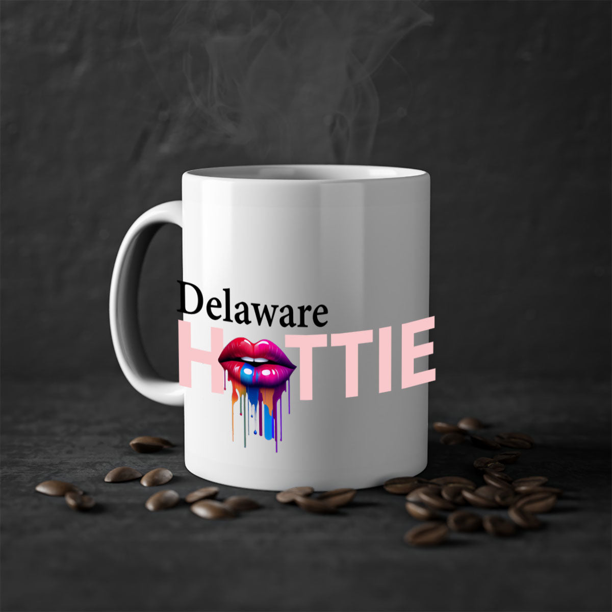 Delaware Hottie Mug with dripping lips design, featuring a glossy finish and colorful handle.