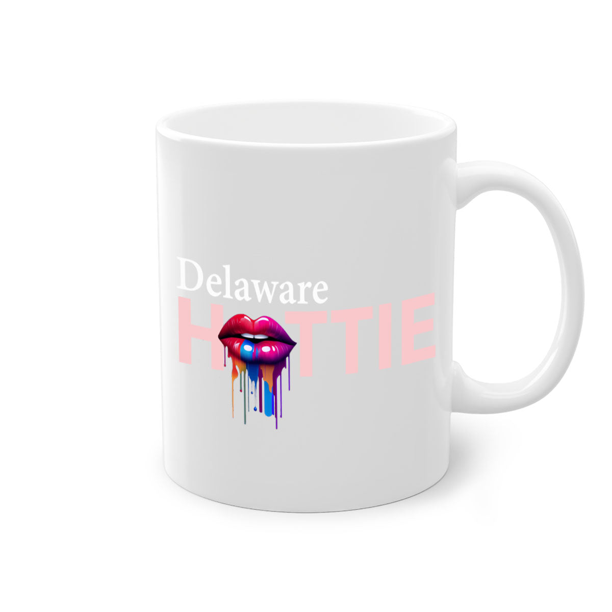 Delaware Hottie Mug with dripping lips design, featuring a glossy finish and colorful handle, perfect for coffee or tea.