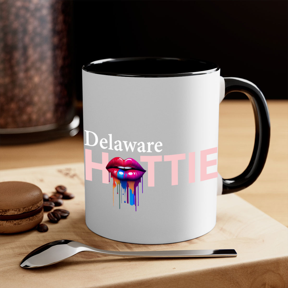 Delaware Hottie Mug with dripping lips design, featuring a glossy finish and colorful handle, perfect for coffee or tea.