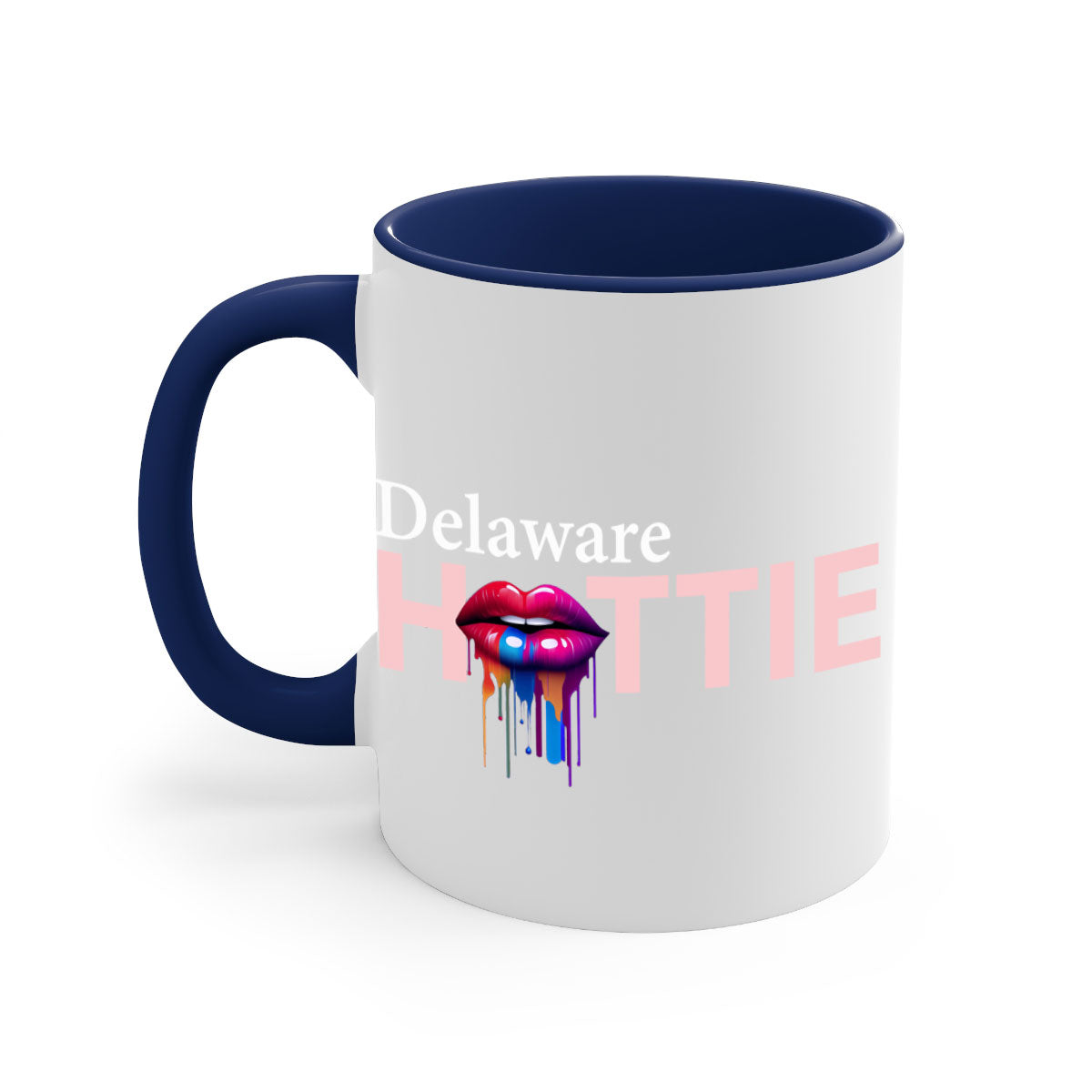 Delaware Hottie Mug with dripping lips design, featuring a glossy finish and colorful handle, perfect for coffee or tea.