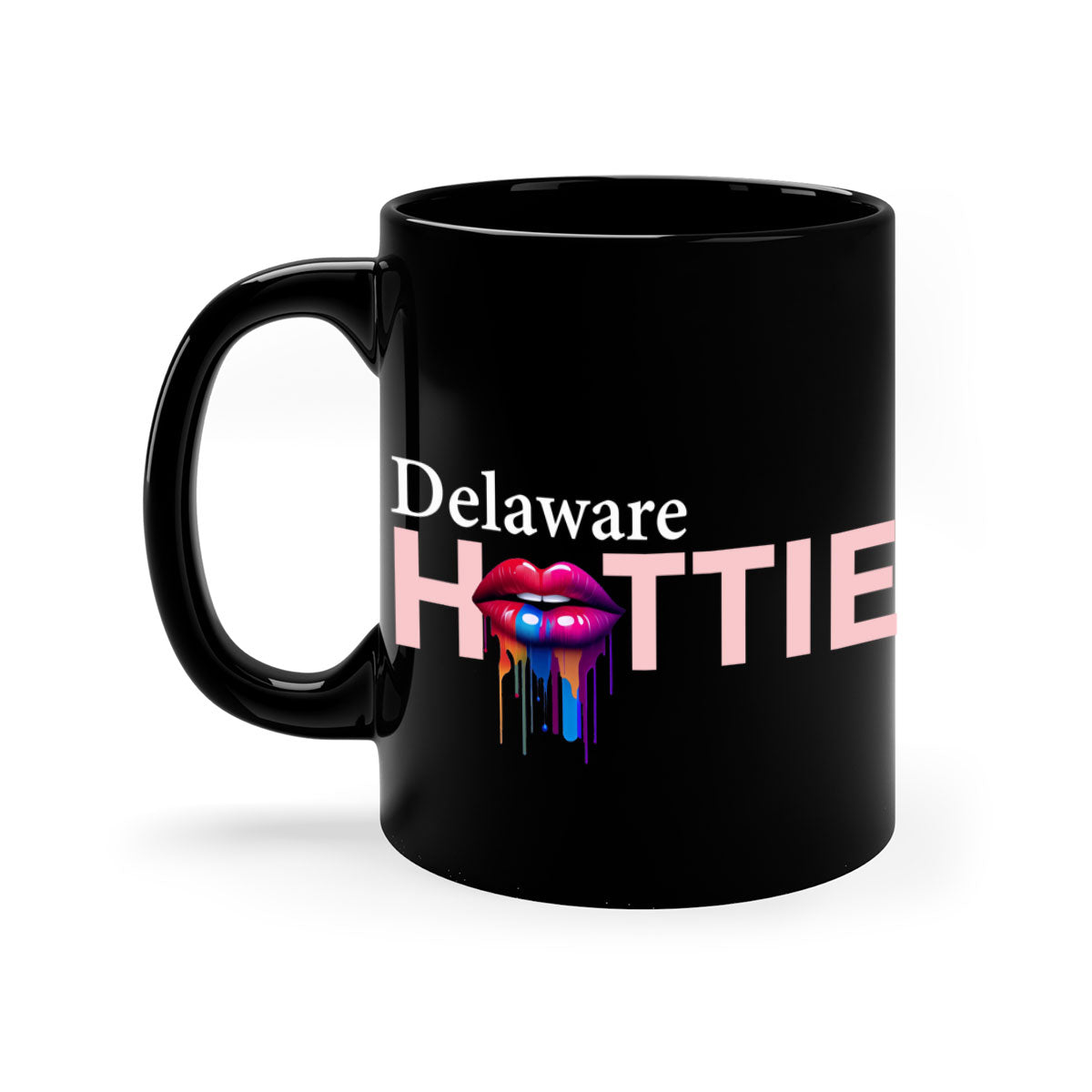 Delaware Hottie Mug with dripping lips design, featuring a glossy finish and colorful handle, perfect for coffee or tea.