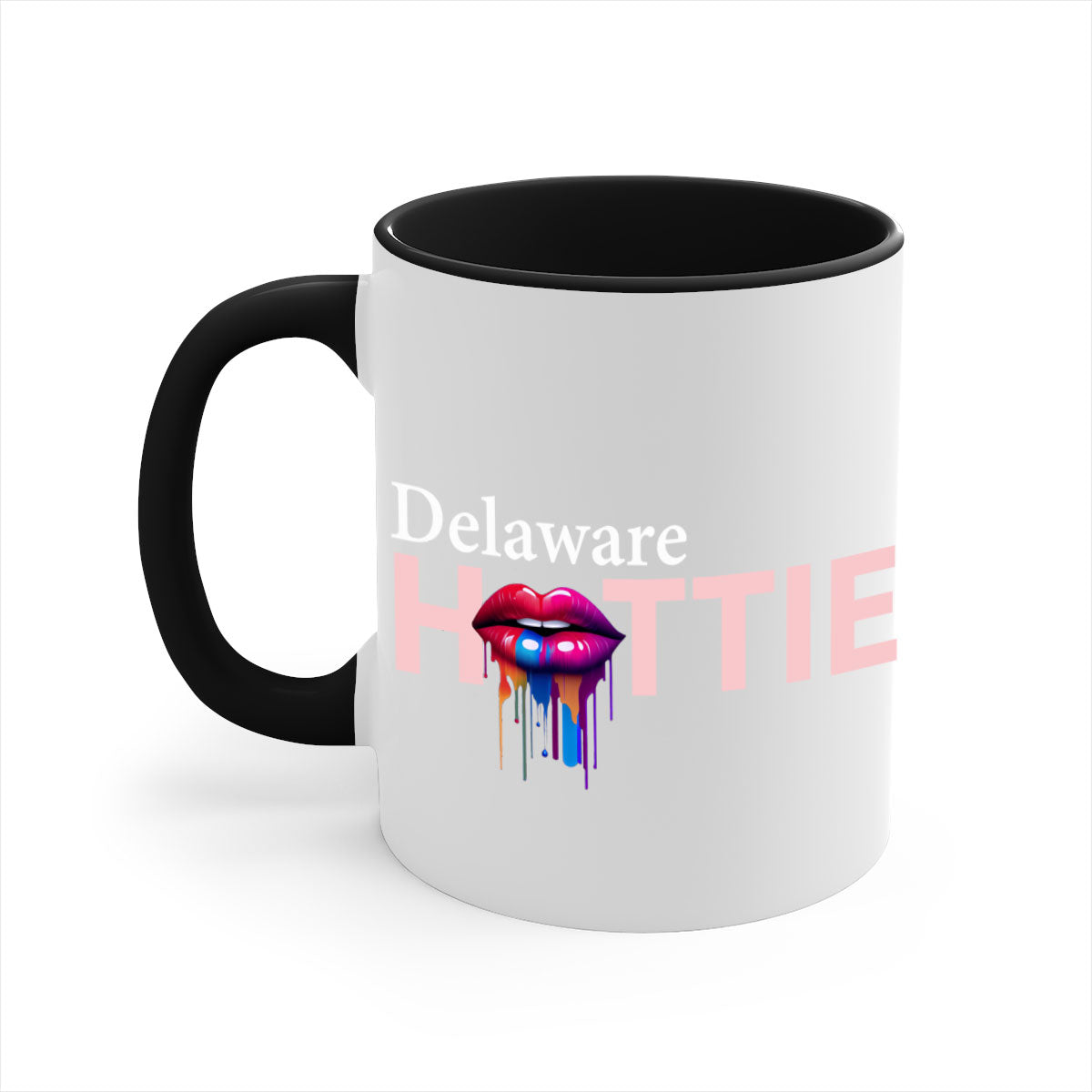 Delaware Hottie Mug with dripping lips design, featuring a glossy finish and colorful handle, perfect for coffee or tea.