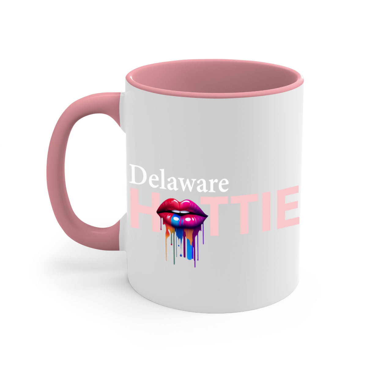 Delaware Hottie Mug with dripping lips design, featuring a glossy finish and colorful handle, perfect for coffee or tea.