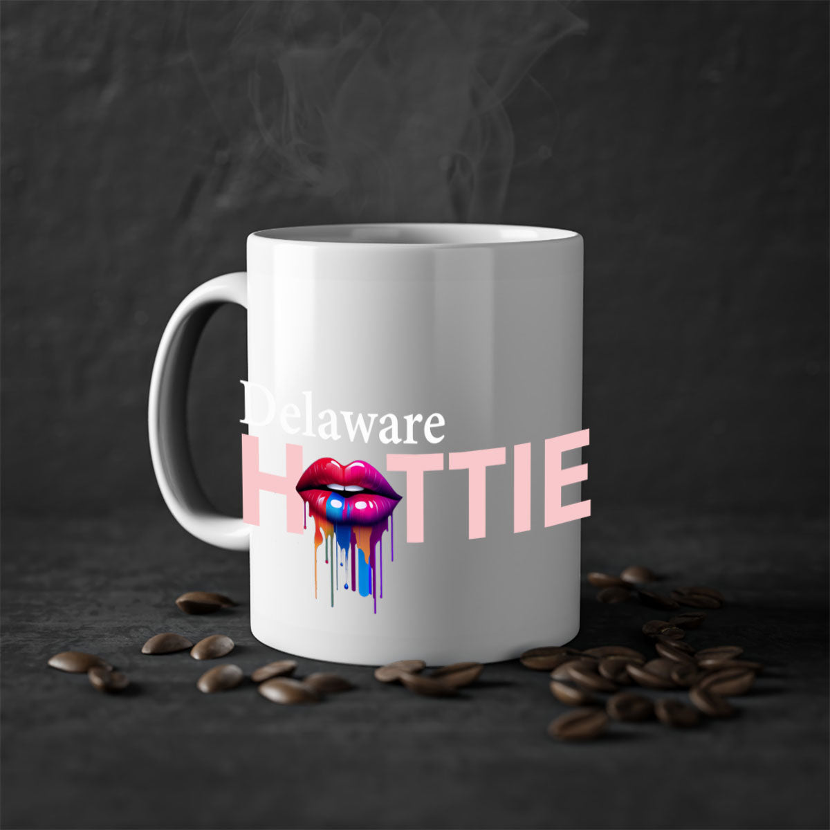 Delaware Hottie Mug with dripping lips design, featuring a glossy finish and colorful handle, perfect for coffee or tea.