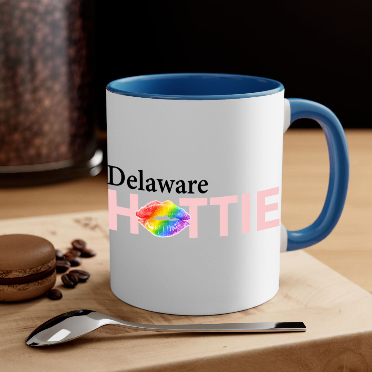 Delaware Hottie Mug featuring rainbow lips design with a glossy finish and colored handle, available in multiple sizes.