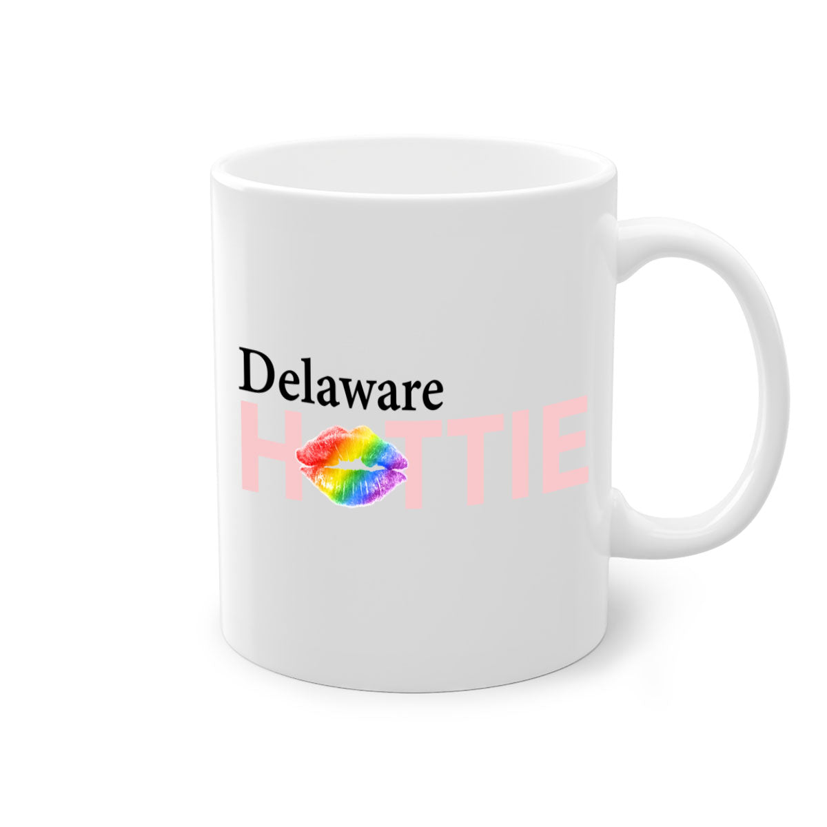 Delaware Hottie Mug featuring rainbow lips design with a glossy finish and colored handle, available in multiple sizes.
