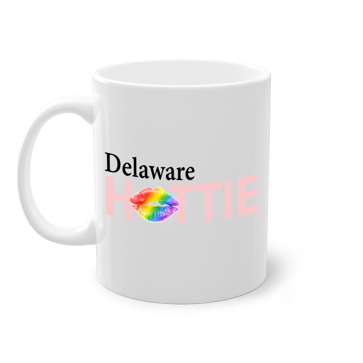 Delaware Hottie Mug featuring rainbow lips design with a glossy finish and colored handle, available in multiple sizes.