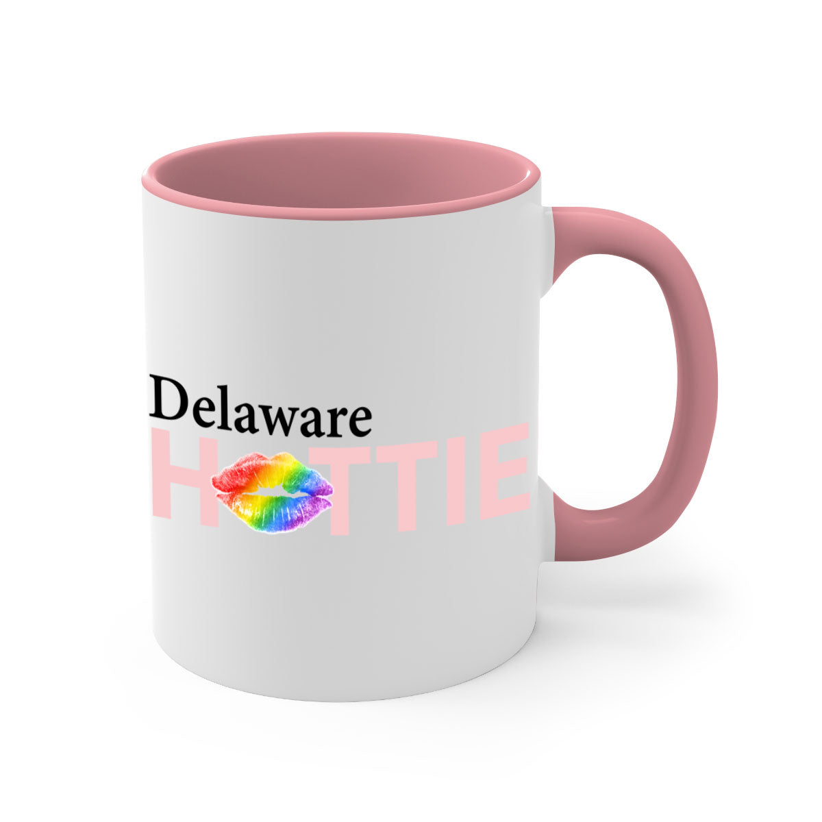 Delaware Hottie Mug featuring rainbow lips design with a glossy finish and colored handle, available in multiple sizes.