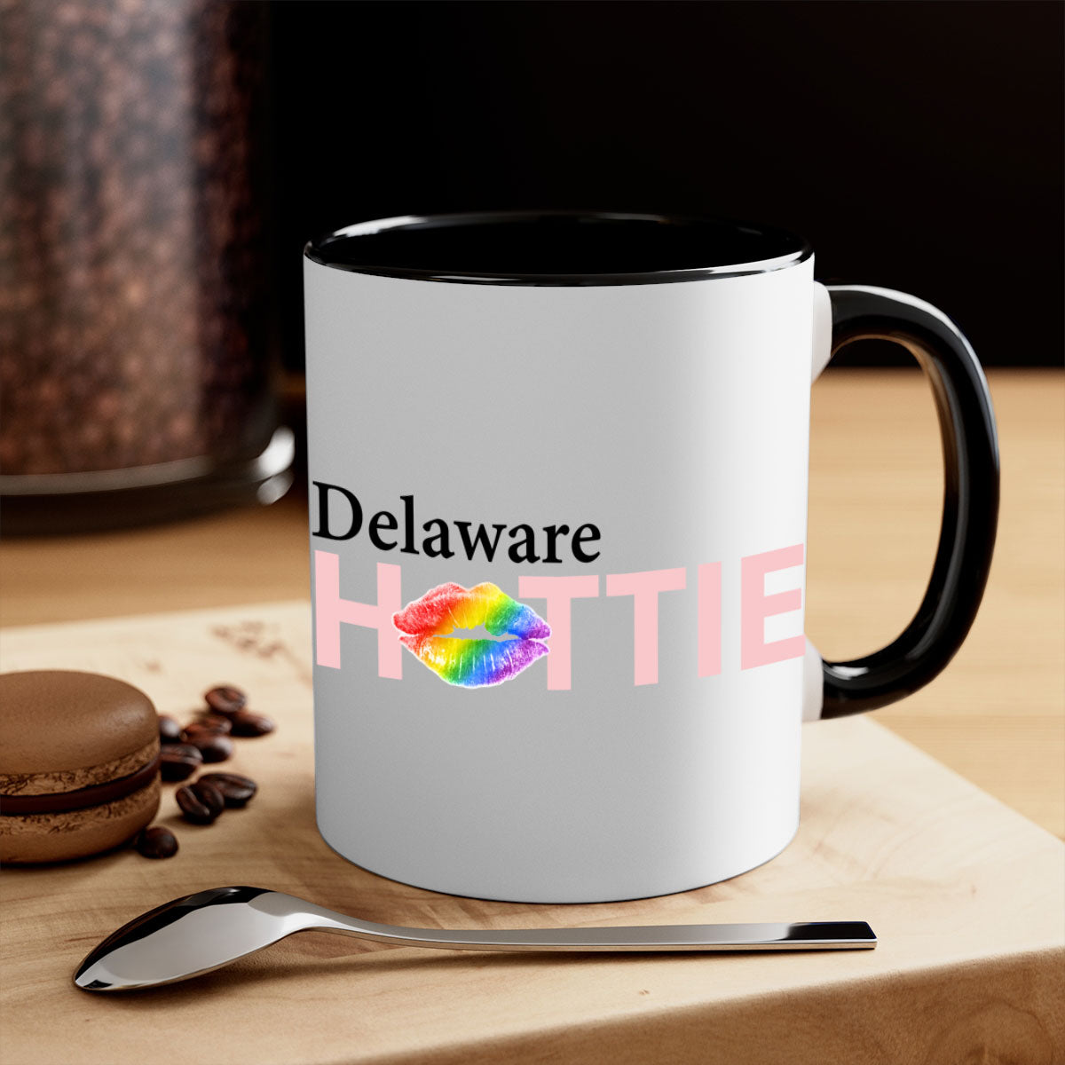 Delaware Hottie Mug featuring rainbow lips design with a glossy finish and colored handle, available in multiple sizes.