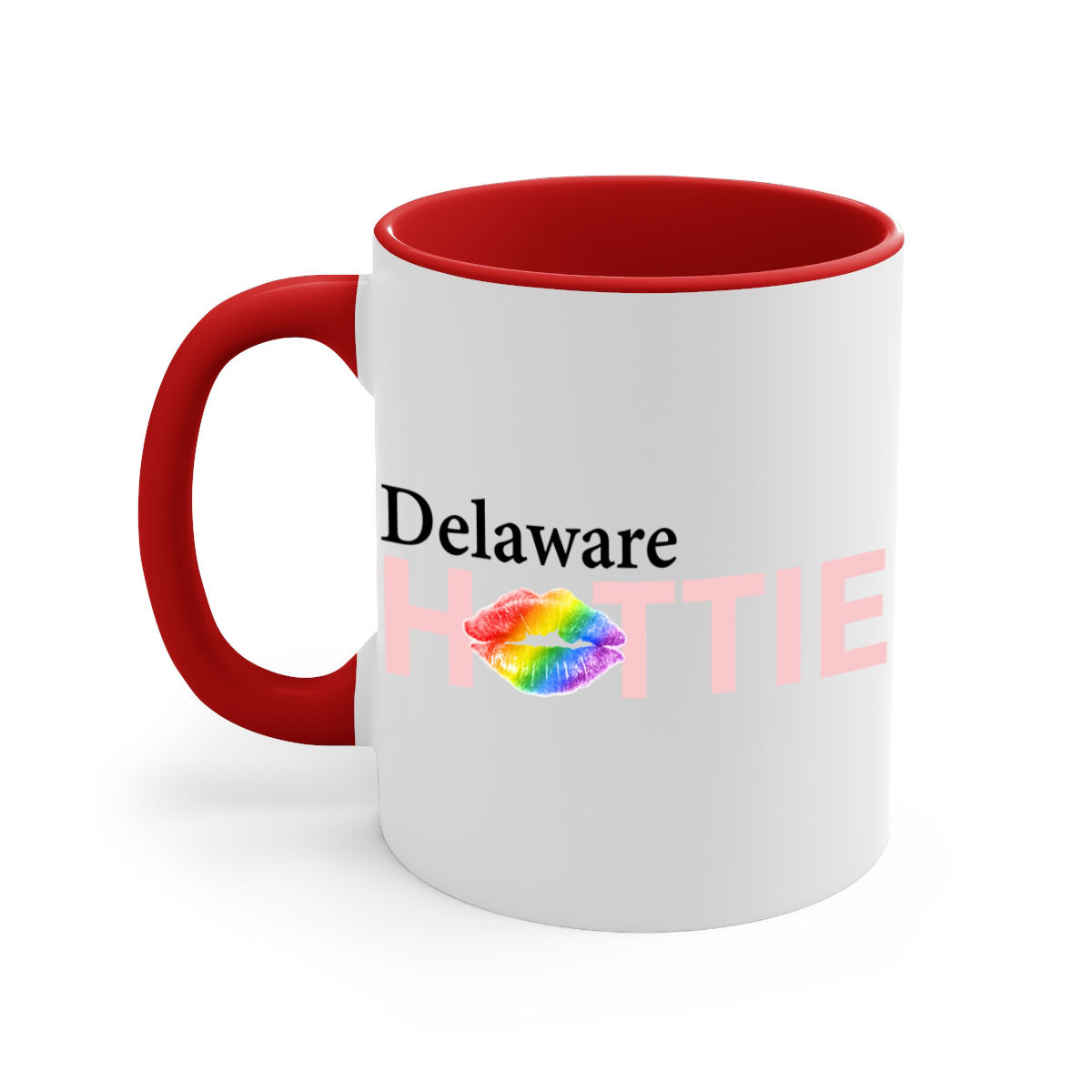 Delaware Hottie Mug featuring rainbow lips design with a glossy finish and colored handle, available in multiple sizes.