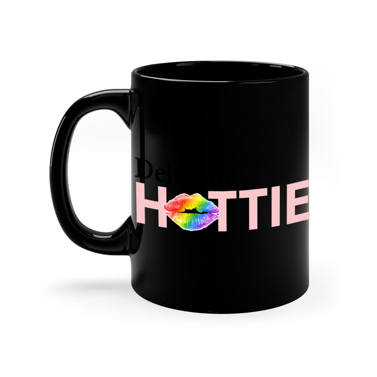 Delaware Hottie Mug featuring rainbow lips design with a glossy finish and colored handle, available in multiple sizes.