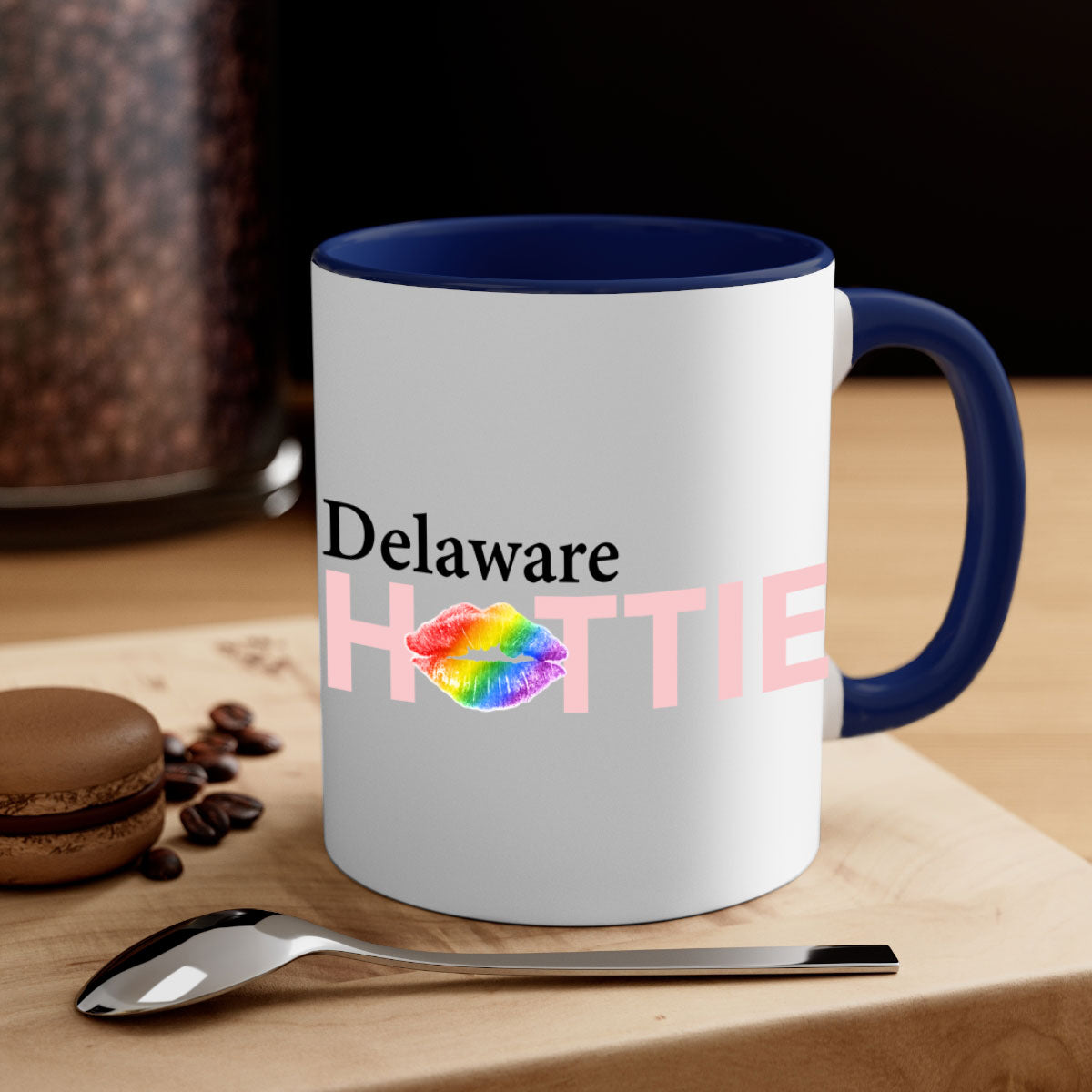 Delaware Hottie Mug featuring rainbow lips design with a glossy finish and colored handle, available in multiple sizes.