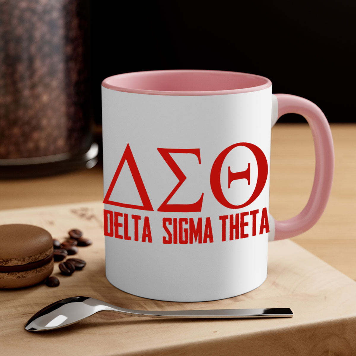 Delta Sigma Theta 2# Mug featuring a glossy finish with a colored handle and interior, available in multiple colors and sizes.