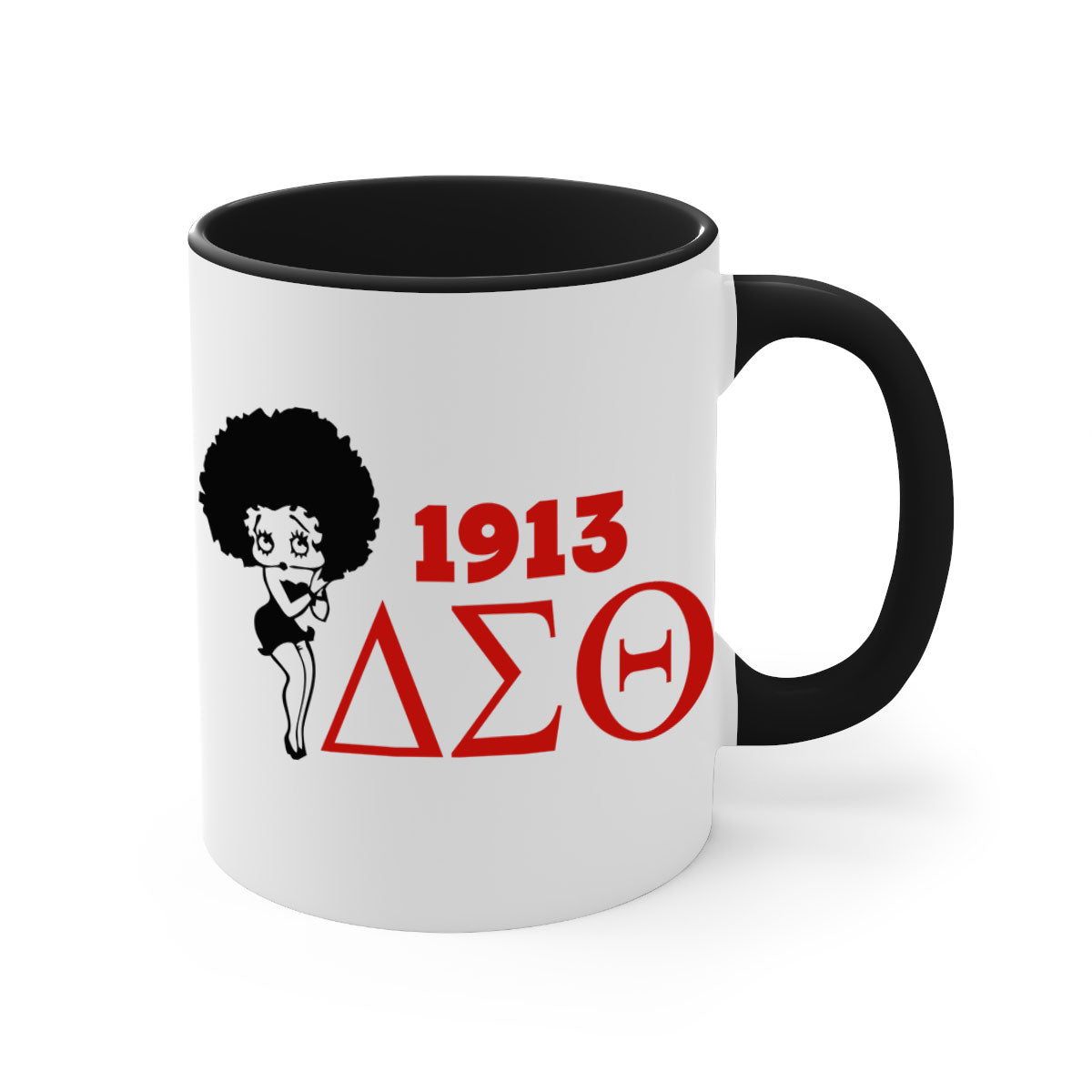 Delta Sigma Theta 4# Mug with black words and phrases, featuring a glossy finish and colored handle, available in multiple colors.
