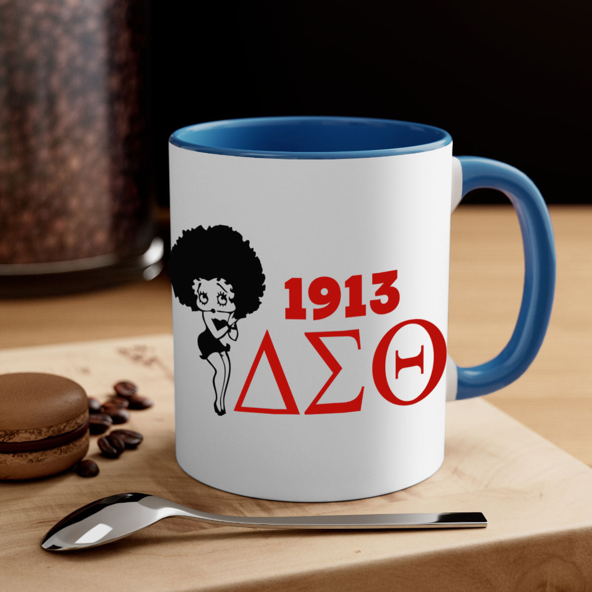 Delta Sigma Theta 4# Mug with black words and phrases, featuring a glossy finish and colored handle, available in multiple colors.