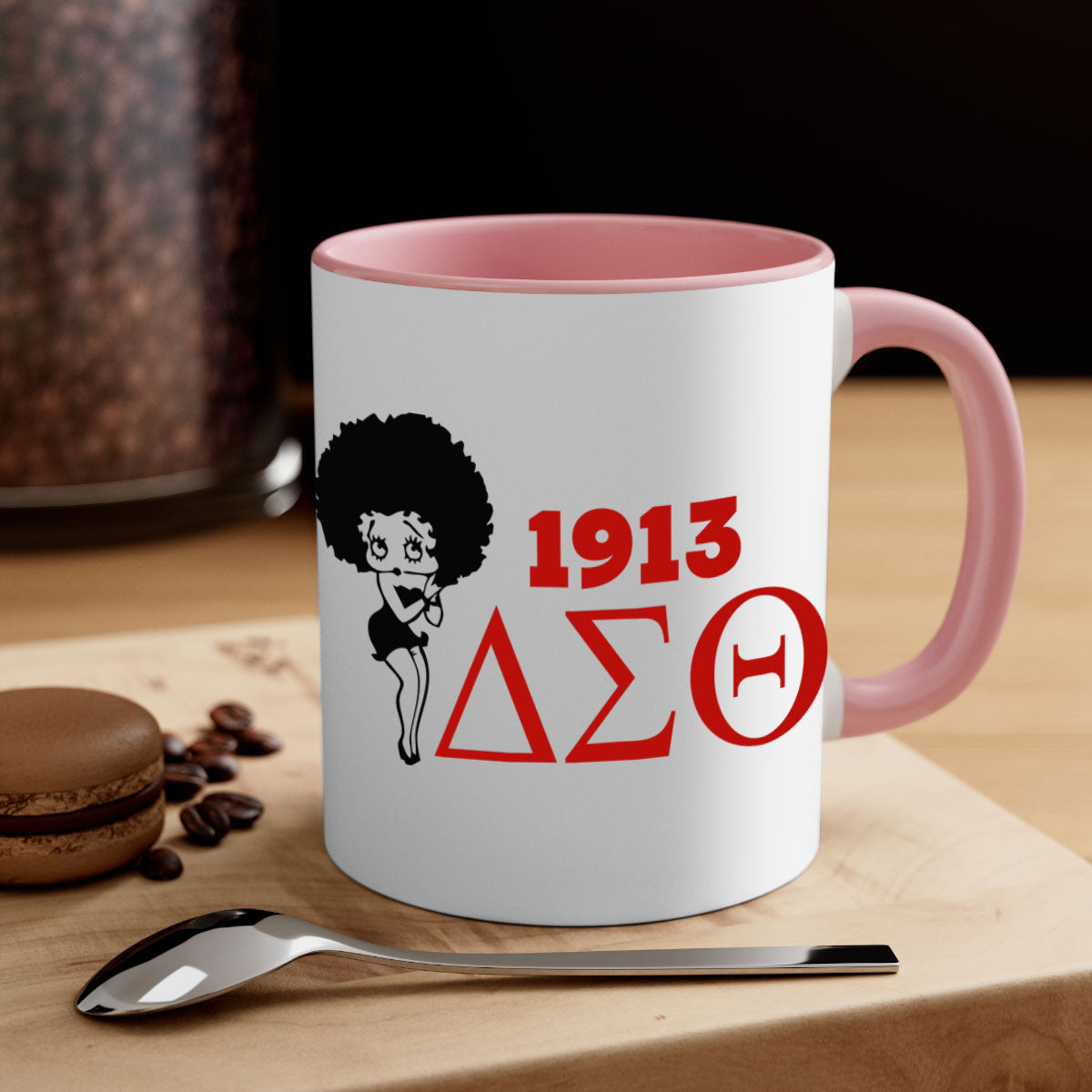Delta Sigma Theta 4# Mug with black words and phrases, featuring a glossy finish and colored handle, available in multiple colors.