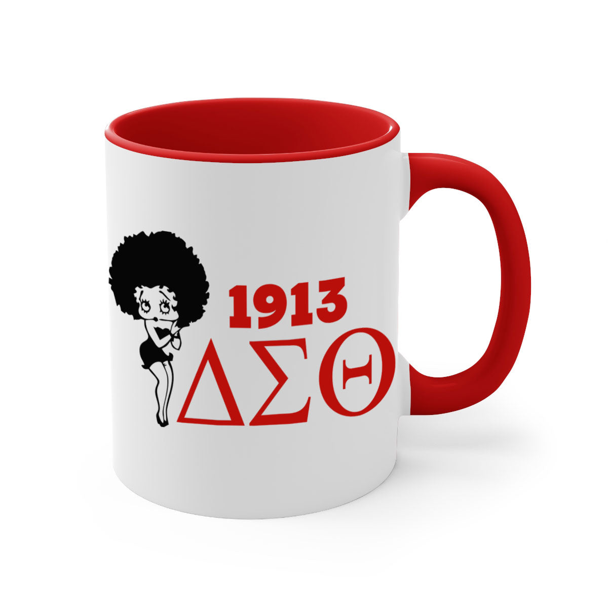 Delta Sigma Theta 4# Mug with black words and phrases, featuring a glossy finish and colored handle, available in multiple colors.