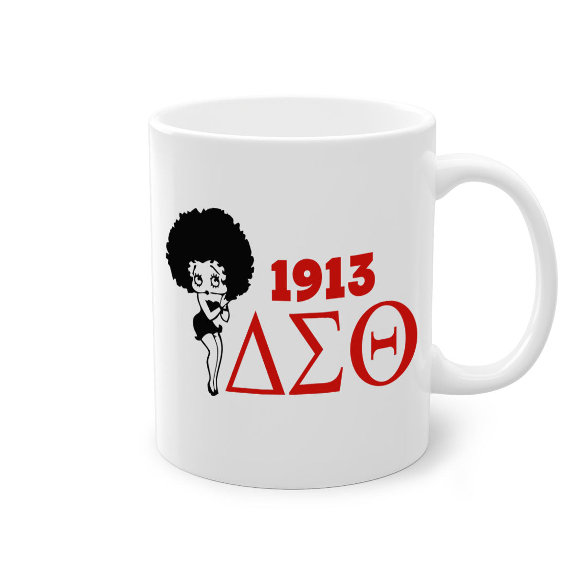 Delta Sigma Theta 4# Mug with black words and phrases, featuring a glossy finish and colored handle, available in multiple colors.
