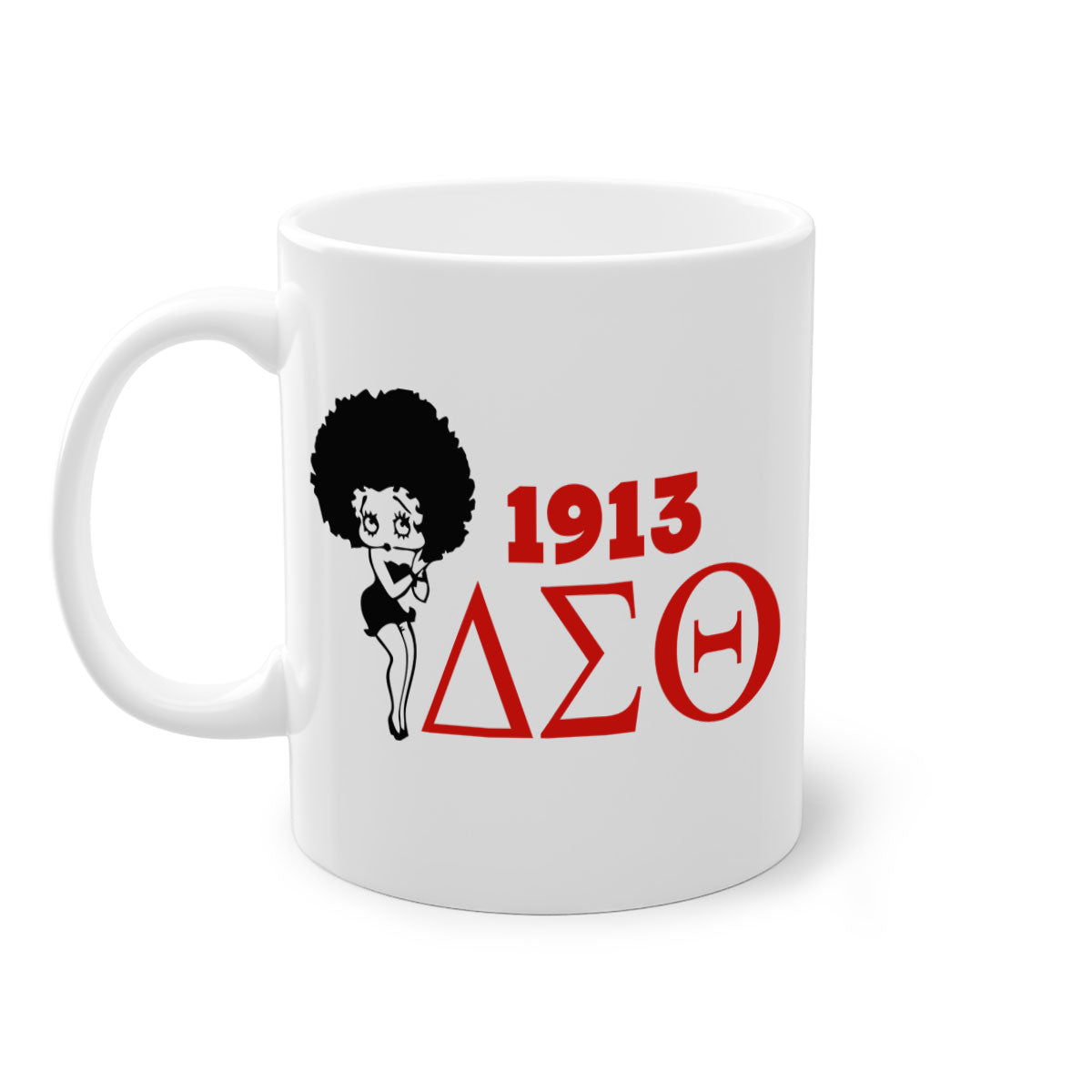 Delta Sigma Theta 4# Mug with black words and phrases, featuring a glossy finish and colored handle, available in multiple colors.