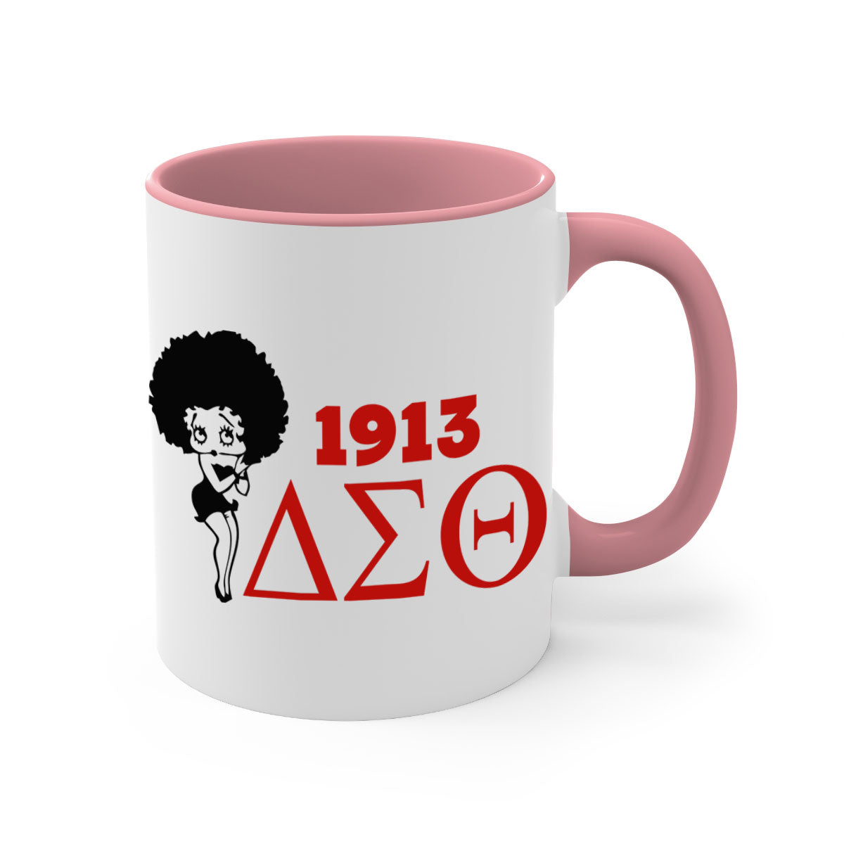 Delta Sigma Theta 4# Mug with black words and phrases, featuring a glossy finish and colored handle, available in multiple colors.