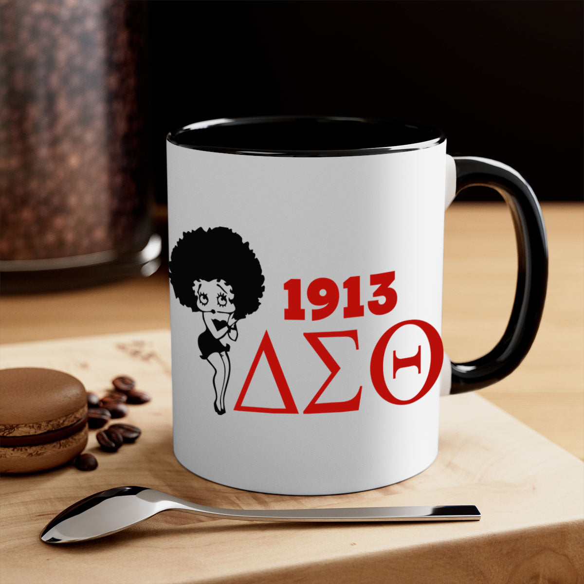 Delta Sigma Theta 4# Mug with black words and phrases, featuring a glossy finish and colored handle, available in multiple colors.