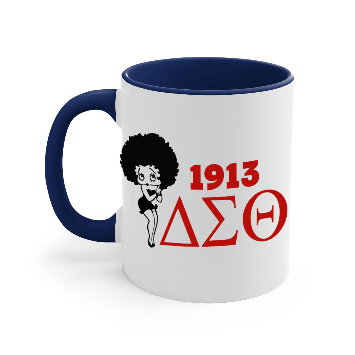 Delta Sigma Theta 4# Mug with black words and phrases, featuring a glossy finish and colored handle, available in multiple colors.