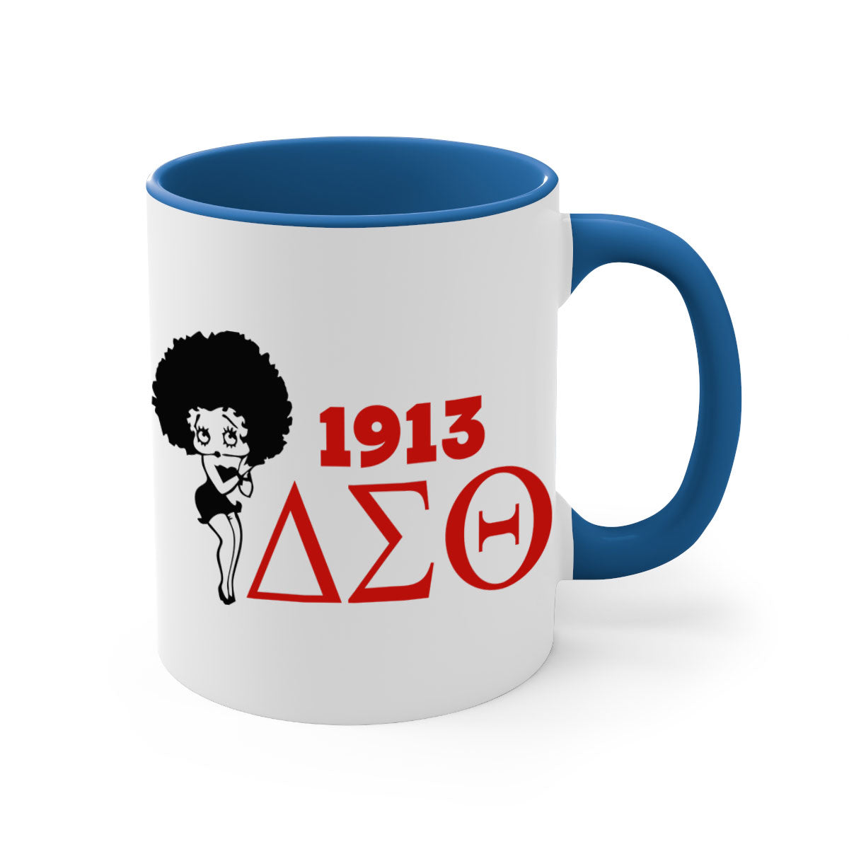 Delta Sigma Theta 4# Mug with black words and phrases, featuring a glossy finish and colored handle, available in multiple colors.