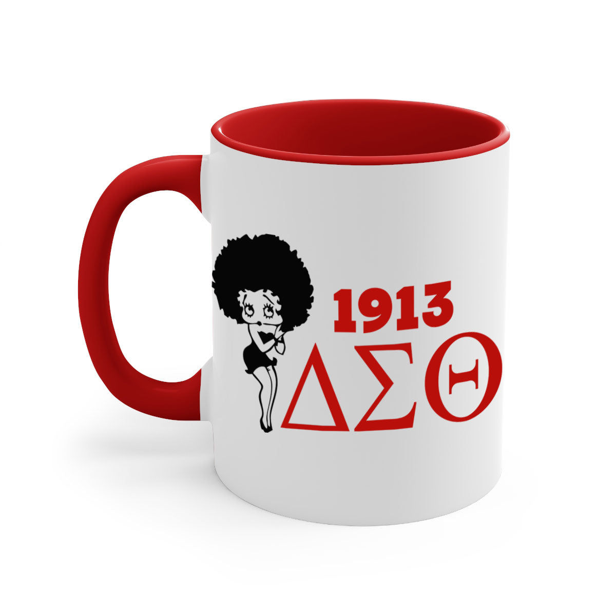 Delta Sigma Theta 4# Mug with black words and phrases, featuring a glossy finish and colored handle, available in multiple colors.