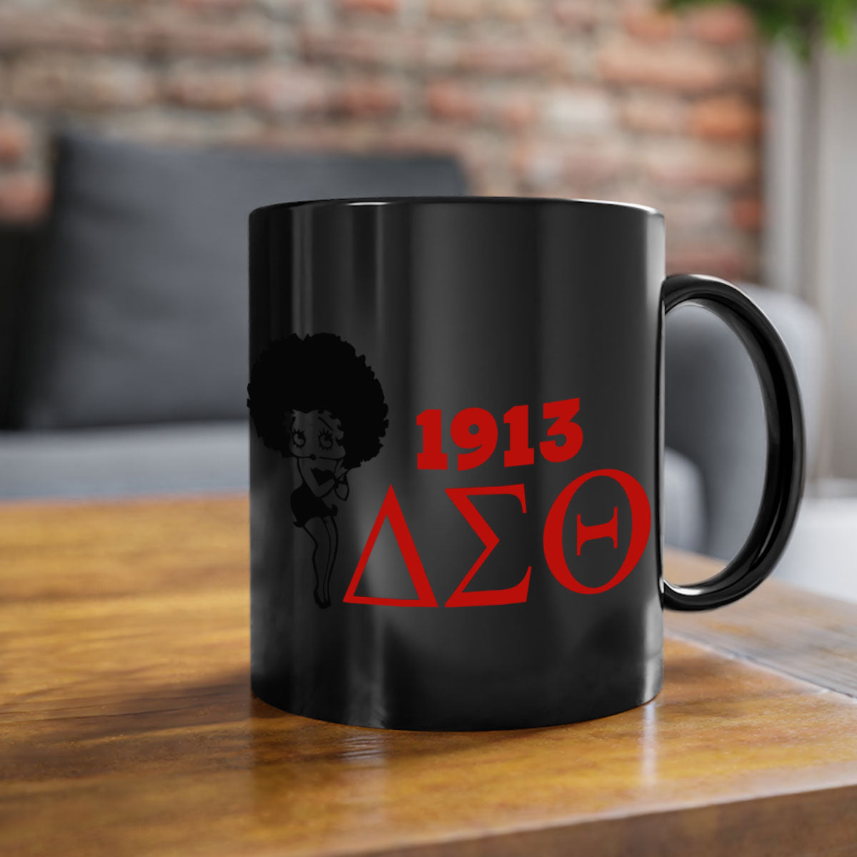 Delta Sigma Theta 4# Mug with black words and phrases, featuring a glossy finish and colored handle, available in multiple colors.