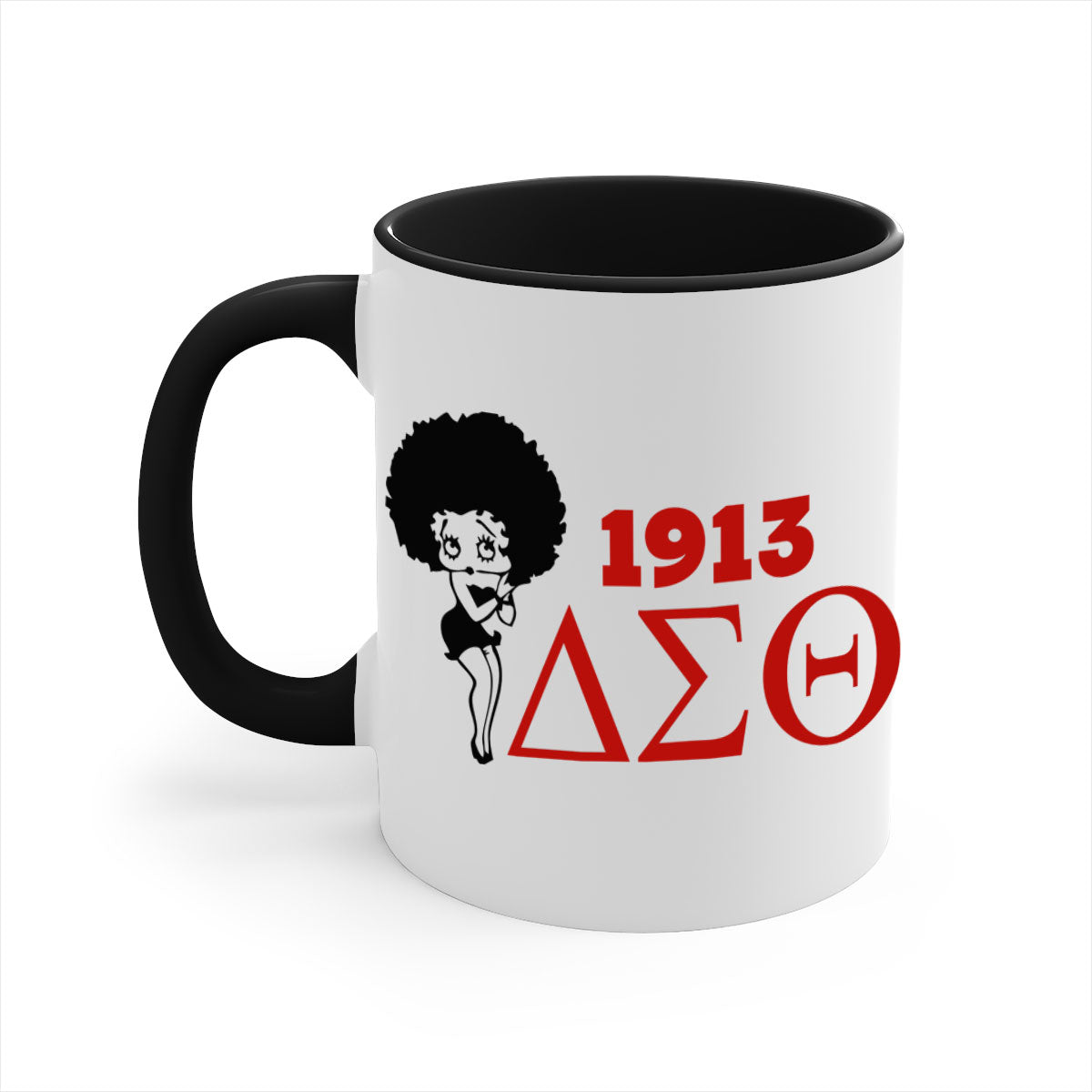 Delta Sigma Theta 4# Mug with black words and phrases, featuring a glossy finish and colored handle, available in multiple colors.
