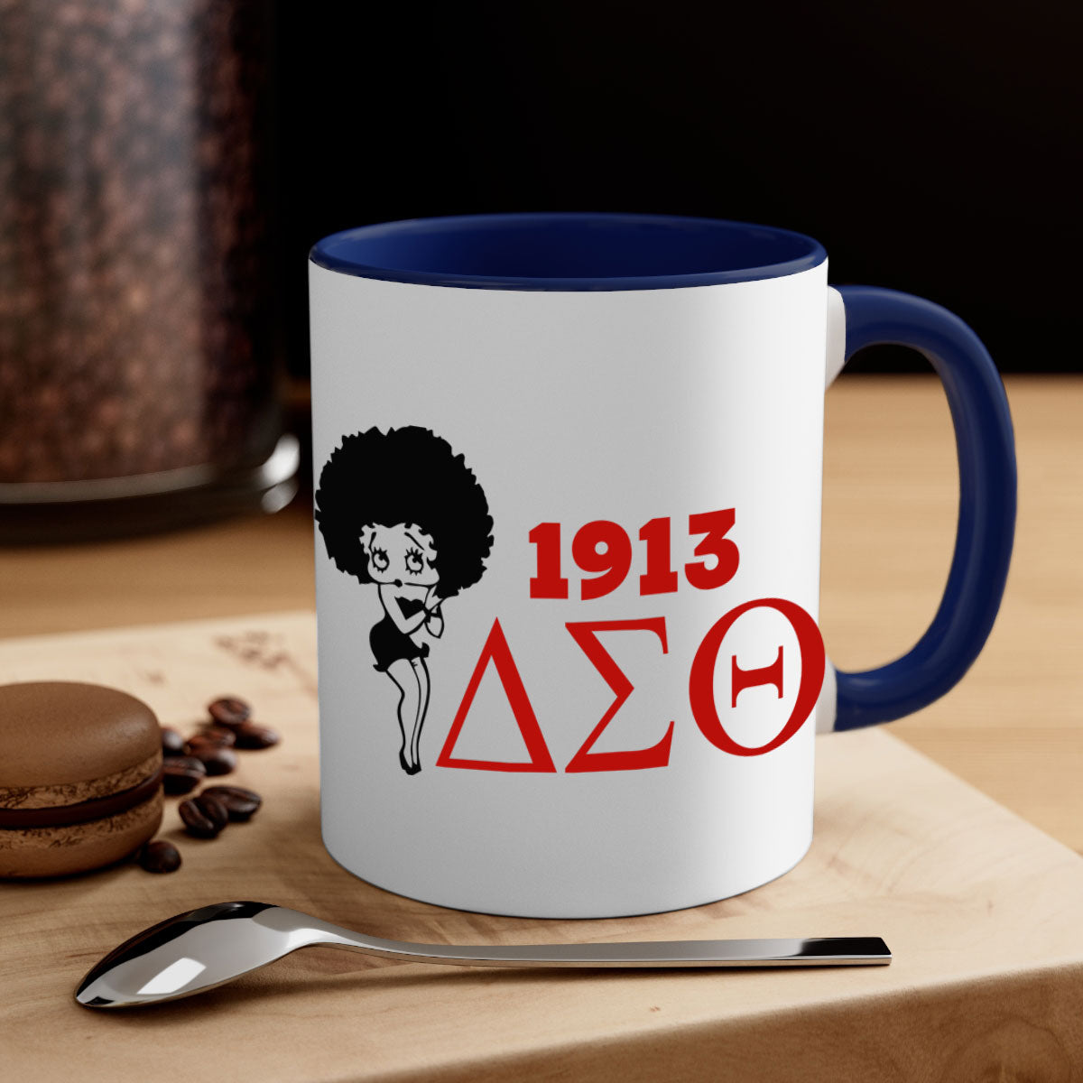 Delta Sigma Theta 4# Mug with black words and phrases, featuring a glossy finish and colored handle, available in multiple colors.