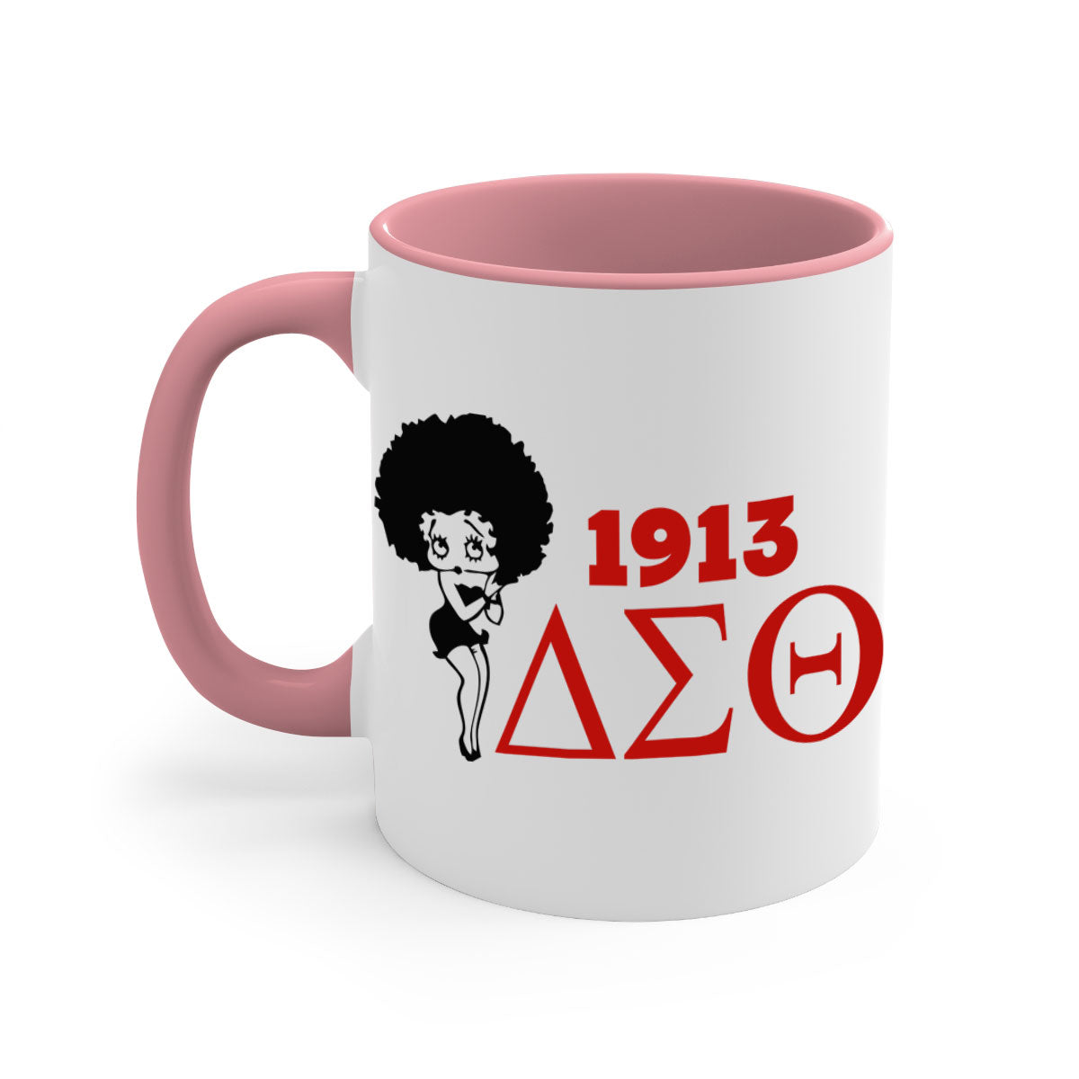 Delta Sigma Theta 4# Mug with black words and phrases, featuring a glossy finish and colored handle, available in multiple colors.