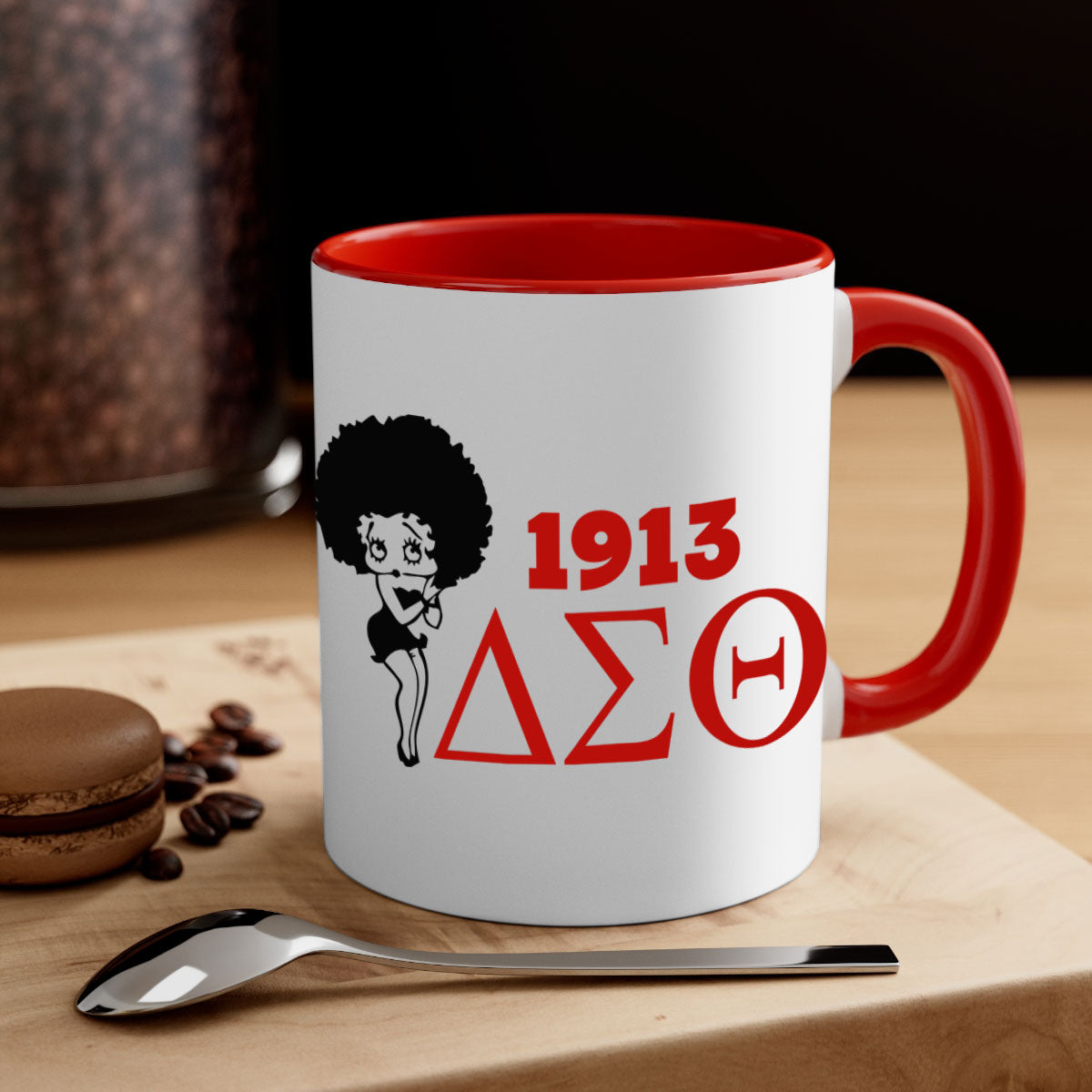 Delta Sigma Theta 4# Mug with black words and phrases, featuring a glossy finish and colored handle, available in multiple colors.