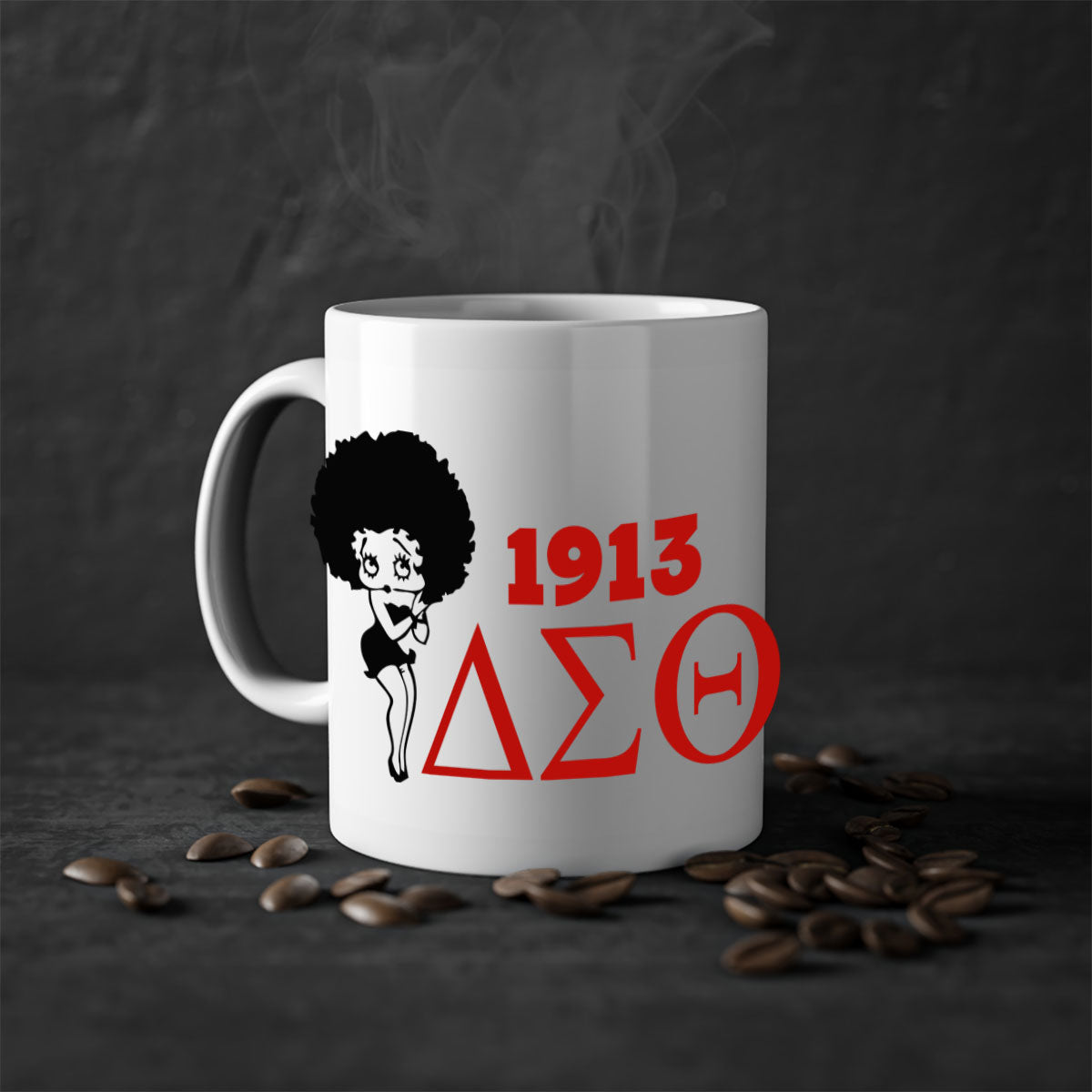 Delta Sigma Theta 4# Mug with black words and phrases, featuring a glossy finish and colored handle, available in multiple colors.