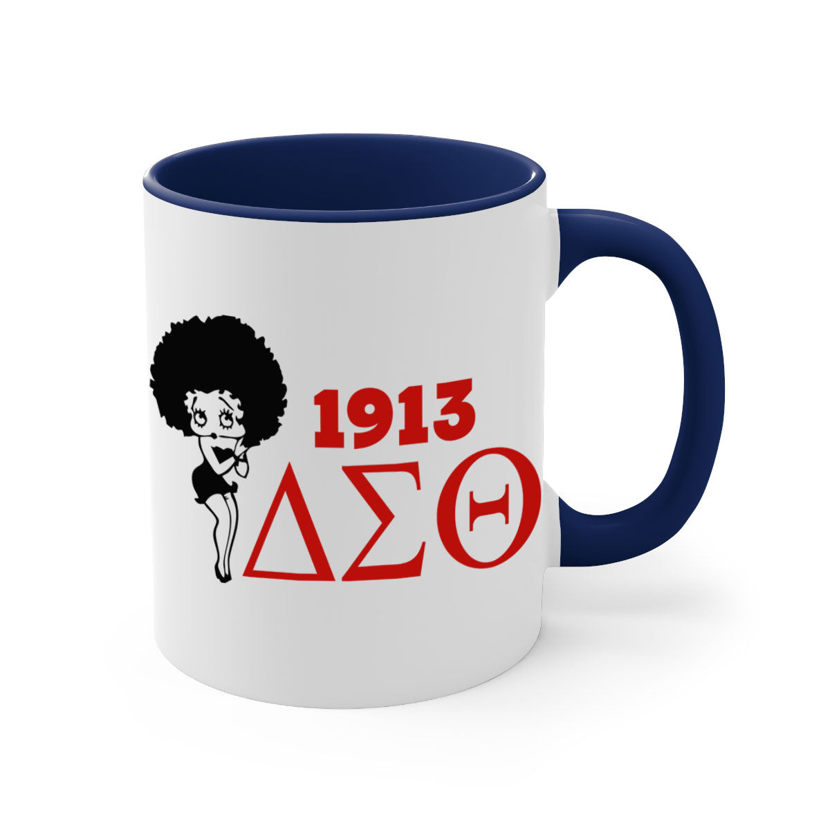 Delta Sigma Theta 4# Mug with black words and phrases, featuring a glossy finish and colored handle, available in multiple colors.