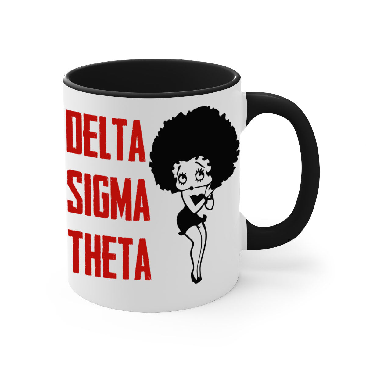 Delta Sigma Theta 5# Mug with black words and phrases, featuring a glossy finish and colored handle.