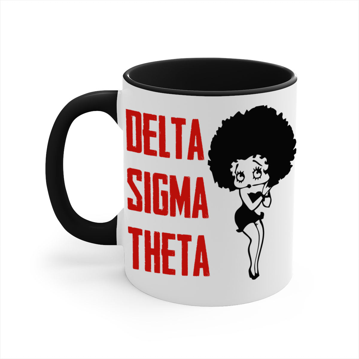 Delta Sigma Theta 5# Mug with black words and phrases, featuring a glossy finish and colored handle.