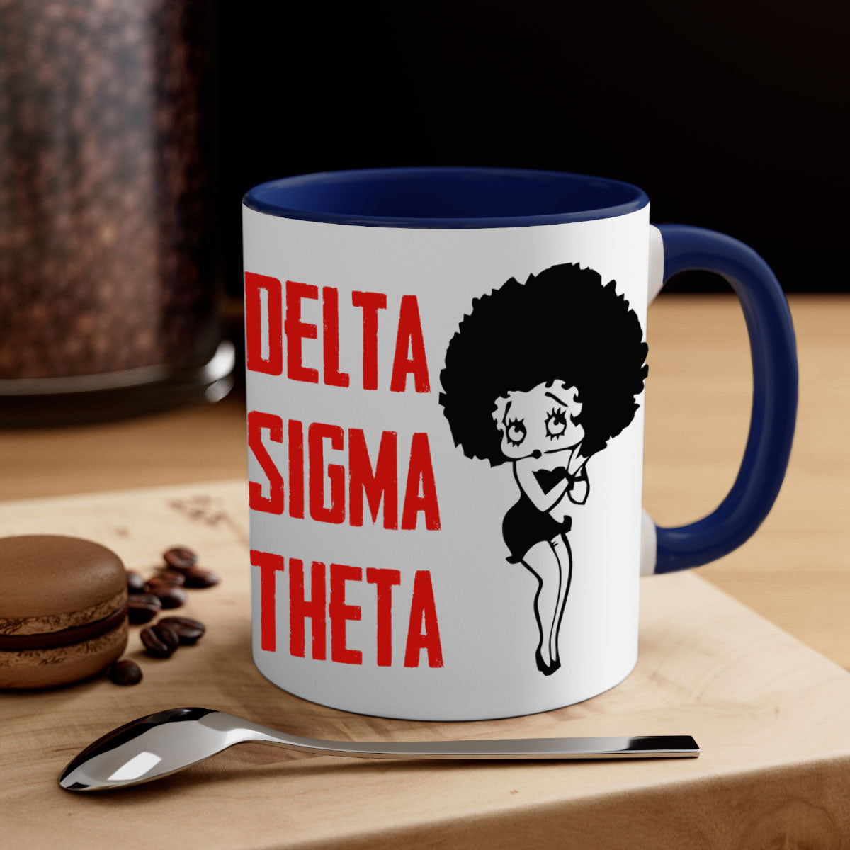 Delta Sigma Theta 5# Mug with black words and phrases, featuring a glossy finish and colored handle.