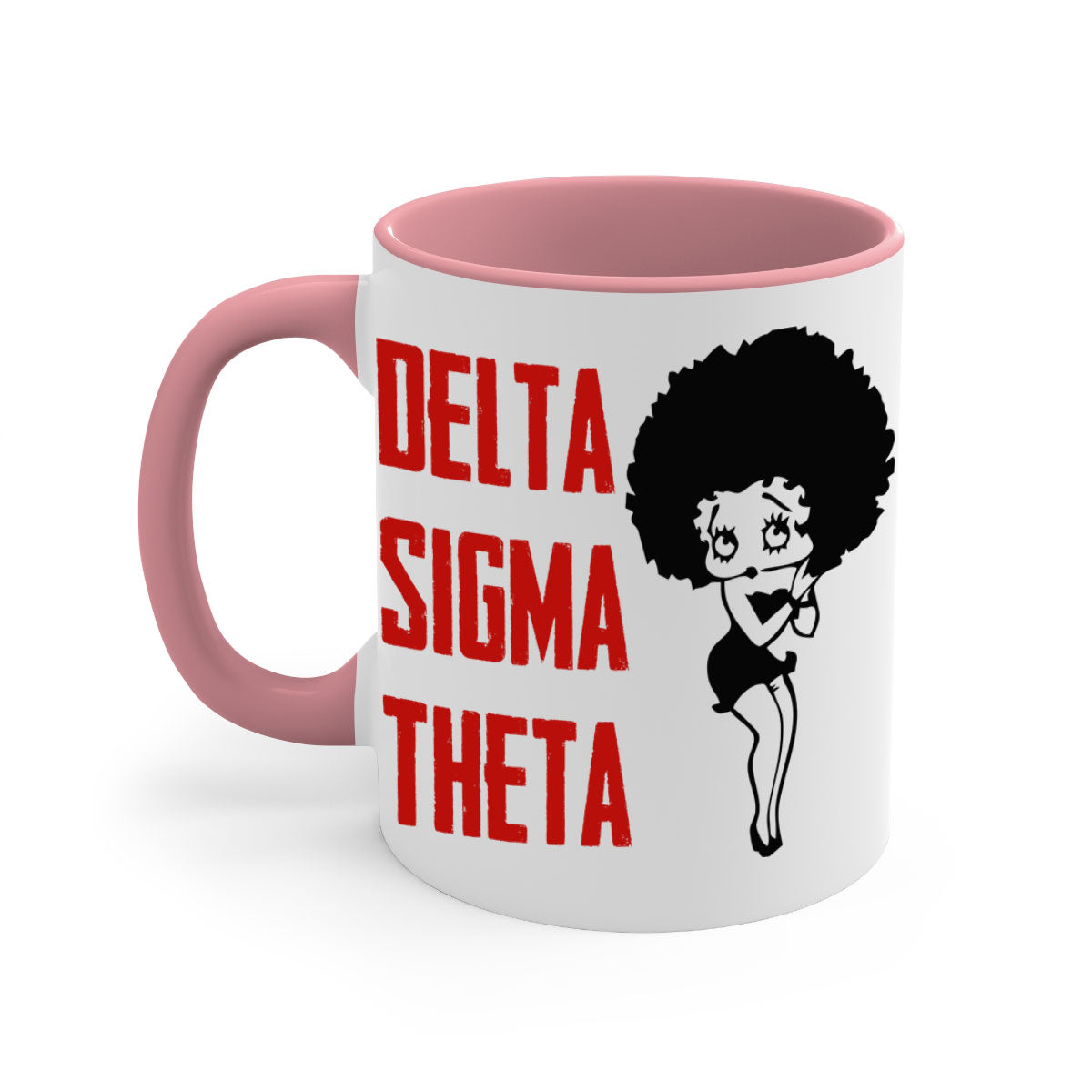 Delta Sigma Theta 5# Mug with black words and phrases, featuring a glossy finish and colored handle.