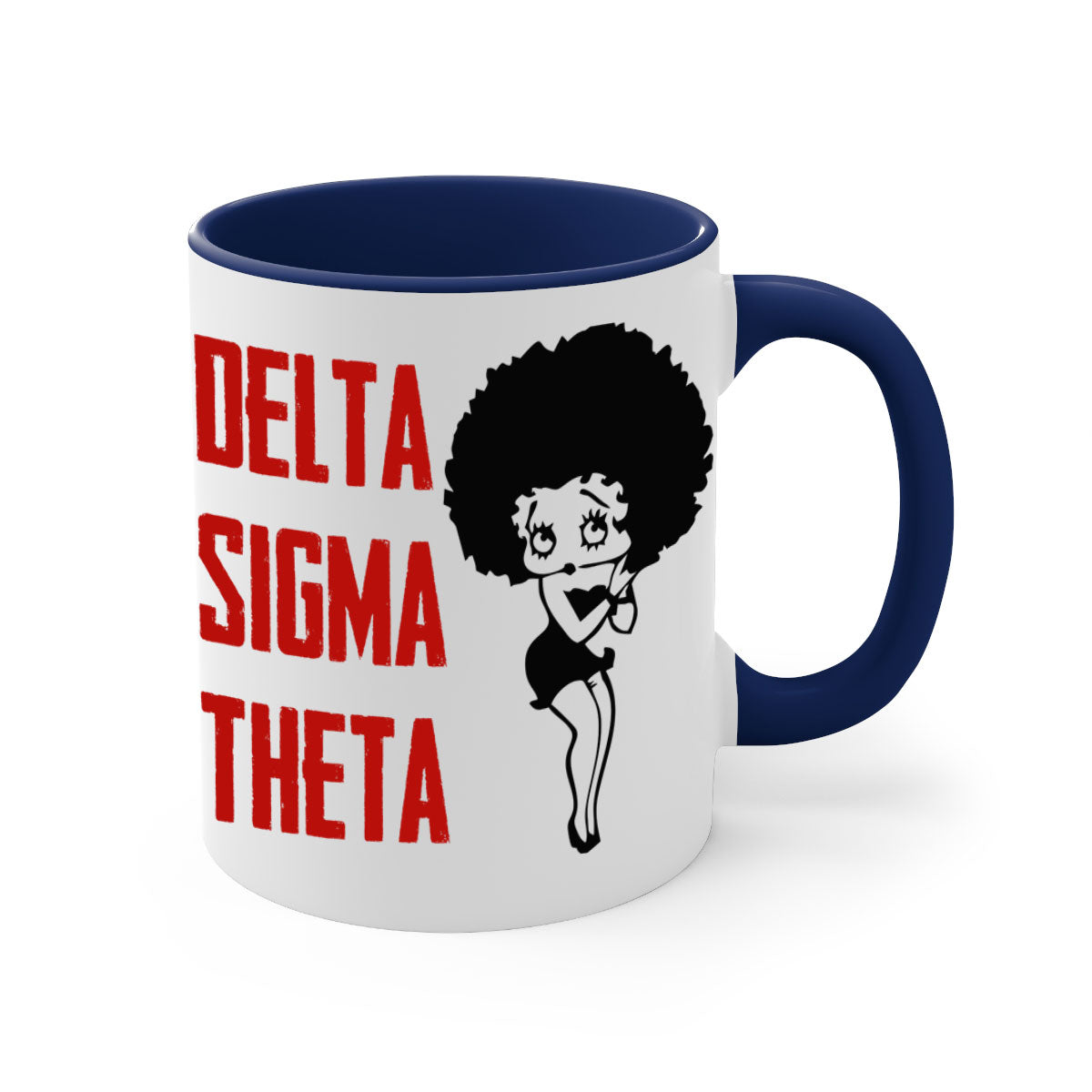 Delta Sigma Theta 5# Mug with black words and phrases, featuring a glossy finish and colored handle.
