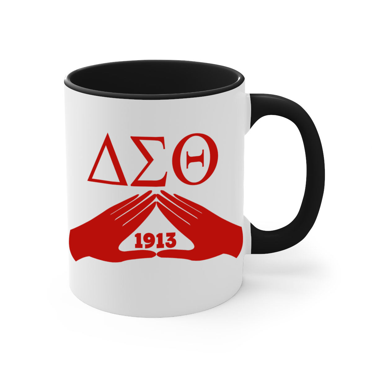 Delta Sigma Theta 8# Mug with black words and phrases, featuring a glossy finish and a colored handle, available in multiple colors.