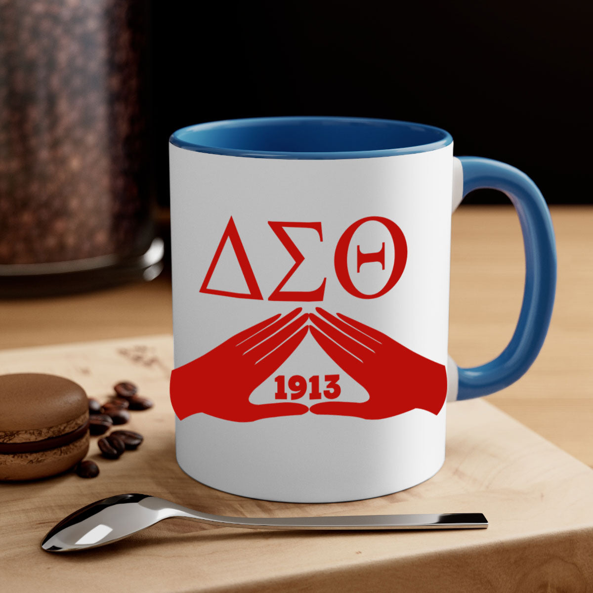 Delta Sigma Theta 8# Mug with black words and phrases, featuring a glossy finish and a colored handle, available in multiple colors.
