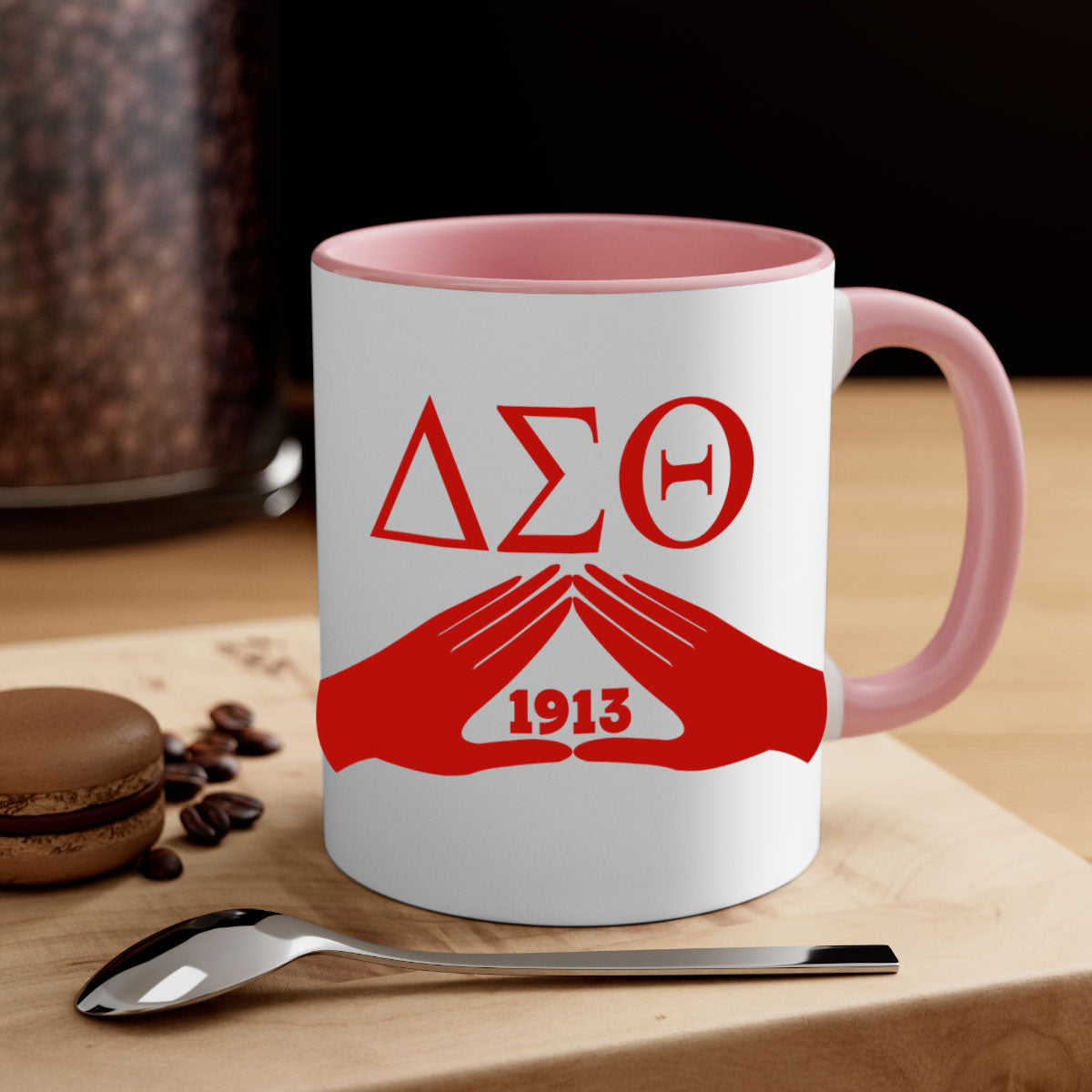 Delta Sigma Theta 8# Mug with black words and phrases, featuring a glossy finish and a colored handle, available in multiple colors.